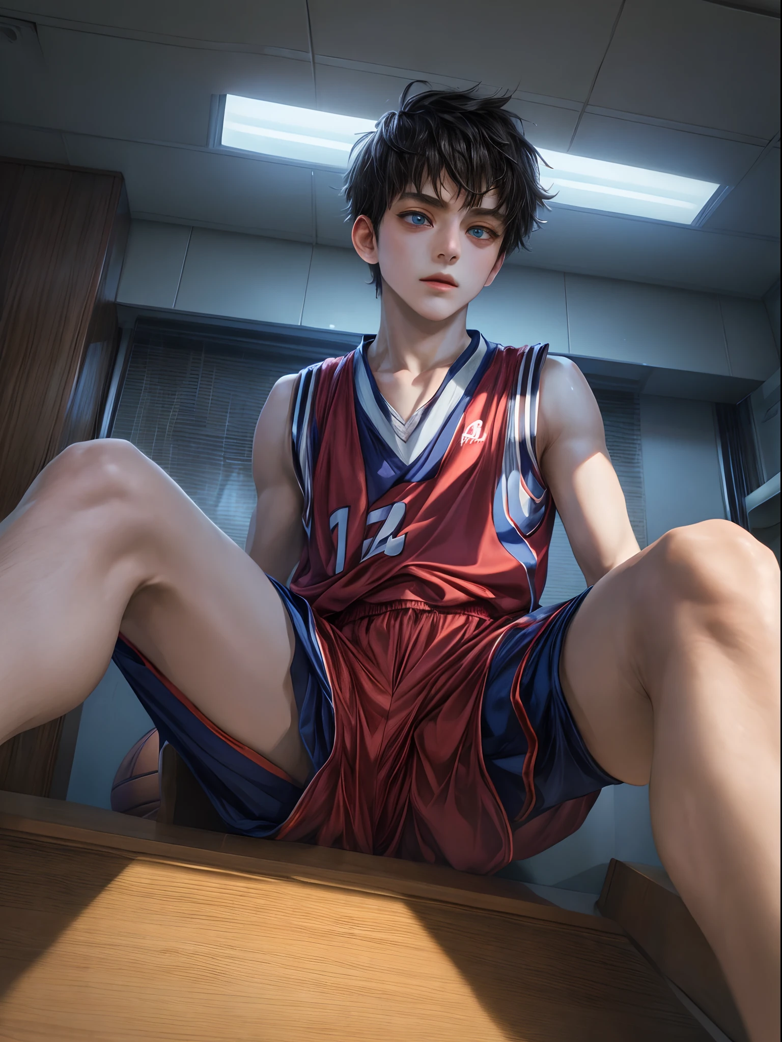 (absurdres, highres, ultra detailed, HDR), masterpiece, best quality, anime, koroko's basketball character, 1 boy , short hair, ace player,  sitting comfortably while legs spread, (from below:1.1) handsome face, anime eyes, detailed school interior, detailed character