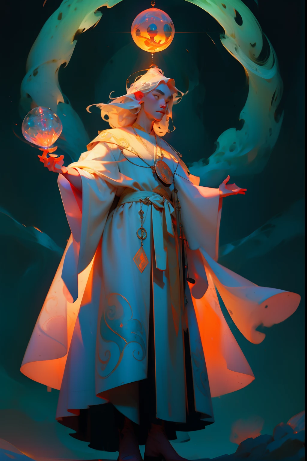 A sacred holy shaman, priest, guru, spiritual man with a halo and aura, asian man, dressed in flowing robes, summoning spiritual forces with a crystal, background is rolling hills, mood is graceful, calm, peaceful, daytime light, character design.