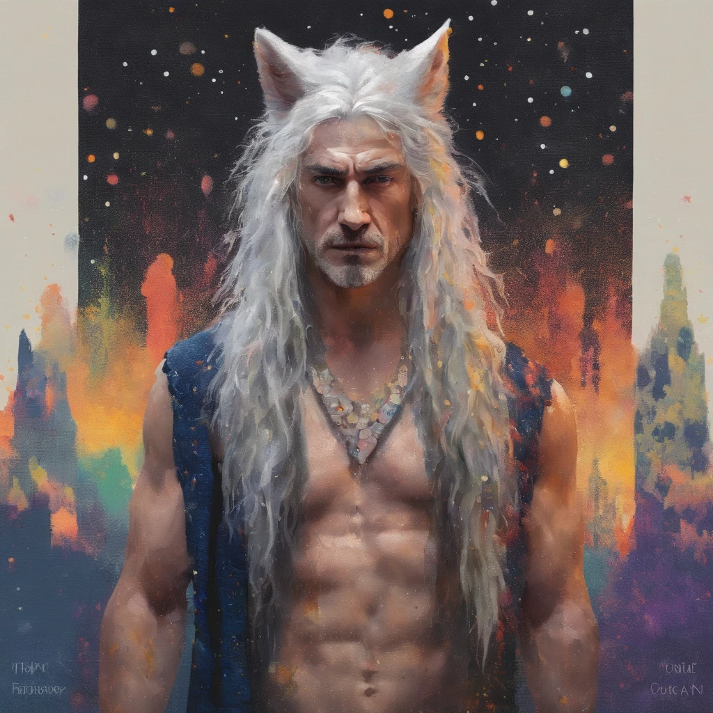 male with wolf ears and a wolf tail, long white hair with flowing long locks, has light beard, shirtless, wearing fingerless gloves, wearing worn jeans, is sweaty