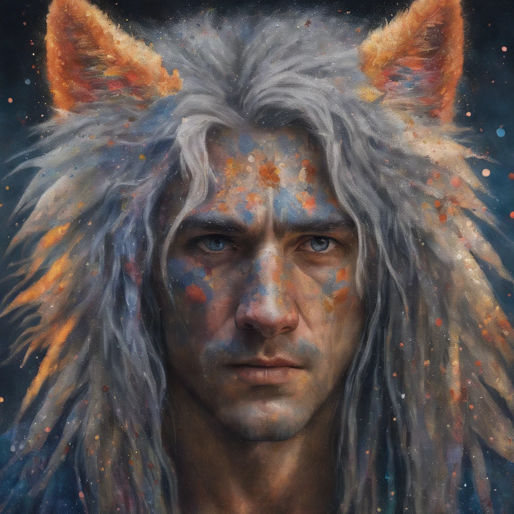 male with wolf ears and a wolf tail, long white hair with flowing long locks, has light beard, shirtless, wearing fingerless gloves, wearing worn jeans, is sweaty