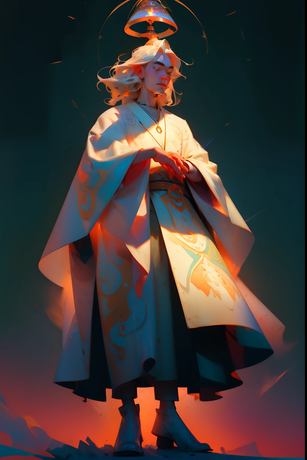 A sacred holy shaman, priest, guru, spiritual man with a halo and aura, asian man, dressed in flowing robes, summoning spiritual forces with a crystal, background is rolling hills, mood is graceful, calm, peaceful, daytime light, character design.
