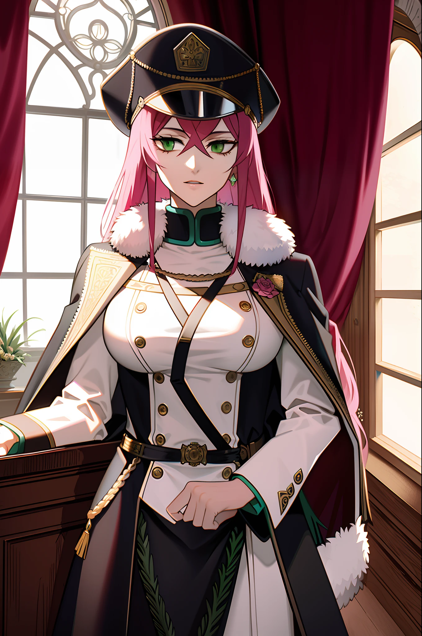 masterpiece, ((ultra detailed background, delicate pattern, intricate detail)), (highly detailed, fine details), best quality, ((medium breasts, slim girl)), Princia, 1girl, solo, long hair, military hat, cap, fur trim, black suit, green eyes, ((pink hair)), peaked cap, (complex detailed background, complex detailed background, inside, castle room environment, medieval castle, gray walls, window, bookshelf),  ((cowboy shot)),