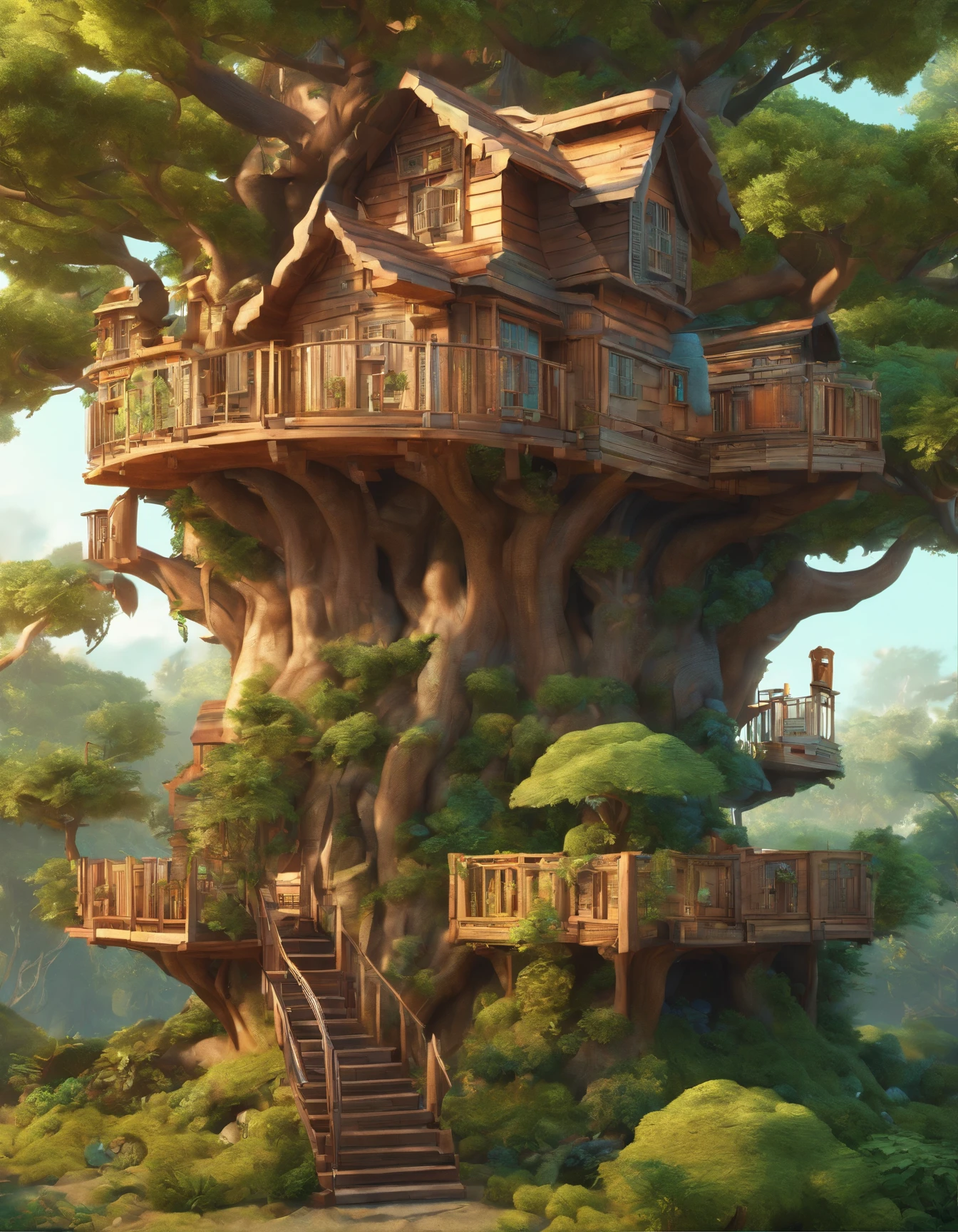 there is a tree house with a staircase and a tree in the middle, bonsai tree house, tree house, highly detailed illustration, tree town, treehouse, intricate detailed illustration, surreal + highly detailed, cyberpunk tree house, highly detailed digital artwork, best of behance, very detailed illustration, high detailed illustration, floral jungle treehouse, detailed intricate illustration, intricate 3 d illustration,3d style ,Clean background, Good gloss, 3D rendering of,Best quality