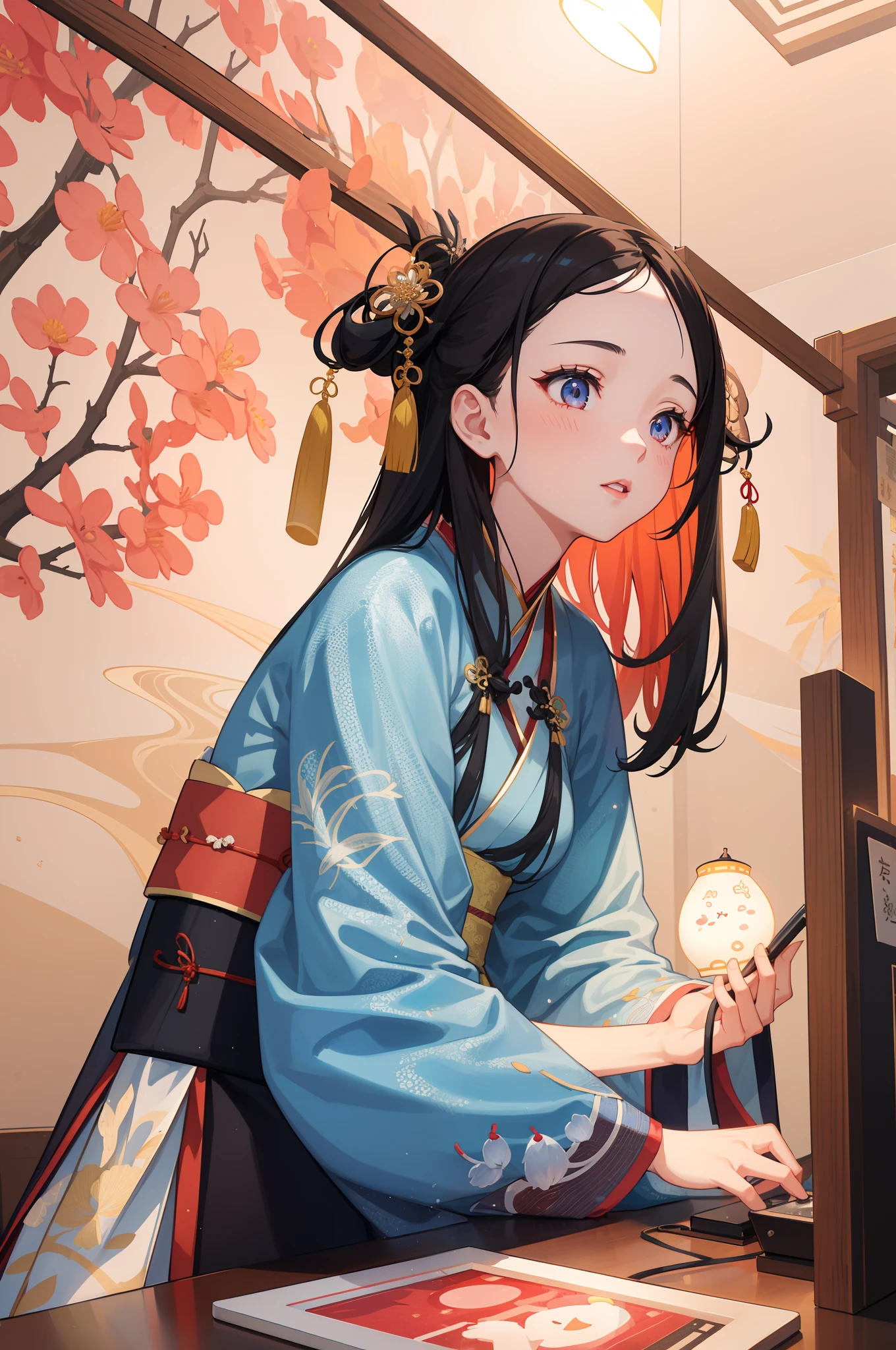 1girl, (hanfu), glowing, sidelighting, wallpaper,