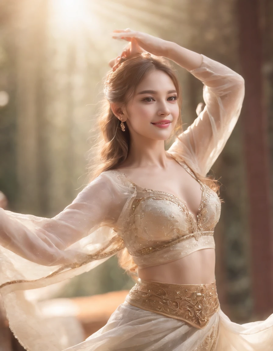 (Highest Quality, Detail, Masterpiece, Official Art, 4K), (NSFW), Masterpiece, Highest Quality, Top Quality, (Realism: 1.2), (Photorealistic: 1.2), (Sharp Focus), 1 Woman, (Beautiful Woman), Voluptuous Gypsy Girl, Dancing Sexy Dance, Cowboy Shot, Voluptuous Woman, Sexy, Voluptuous, Beautiful Face with Erotic Feel, Delicate and Perfect Face, Stunningly Beautiful Face, Big and Even Eyes, Perfect Makeup, (Bright Smile), 7-Height Proportioned Body, Small Head, Perfect Proportions, Beautiful Curves, Huge Breasts, Teardrop-Shaped Breasts, Thin Waist, Belly Pussy, Big Butt, Crotch Gap, Sexy Thighs, Long Flowing Translucent Robe, (Dynamic Dance Pose), (Very Colorful), (Variety Pose: 1.3), (Dynamic Angle), Old Western Castle in the Background, Lots of Plants, Shallow Depth of Field, Perspective,