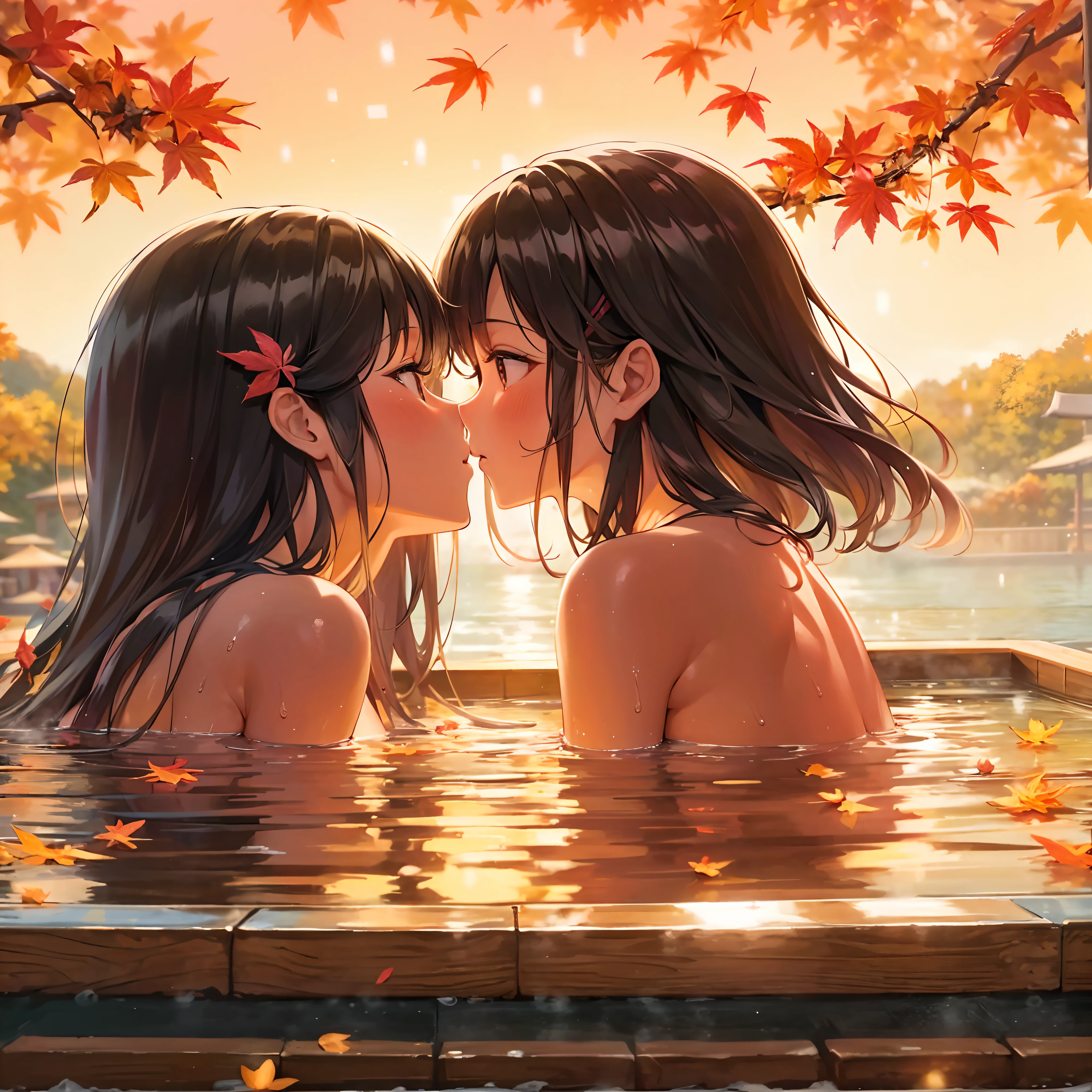 (yuri:1.2), (lesbian:1.2), (2 girls:1.2), (imminent kiss:1.2), (hug:1.2), Japanimation, eroge, 35 mm, Incredibly hyper-detailed and intricately realistic, full body character, Beautiful, female, Perfect, Long black Hair, Black eyes, Detailed face, Onsen background, Cover art, zoomout, hyper detailed painting, luminism, Bar lighting, with an intricate, 4k resolution concept art portrait, extremely high level illustration, 16k, extremely high level illustration, absurd resolution, absurd detailed, soft and warm lighting, (((masterpiece))), best quality, extremely detailed, Japanese scene, Japanese composition, fantasy lighting, beautiful detailed glow, perspective, depth of field, proportion, blurry background, bokeh, sharp focus, depth and dimension, onsen, hot spa, fallen leaves, autumn leaves, outdoor bath, sunset