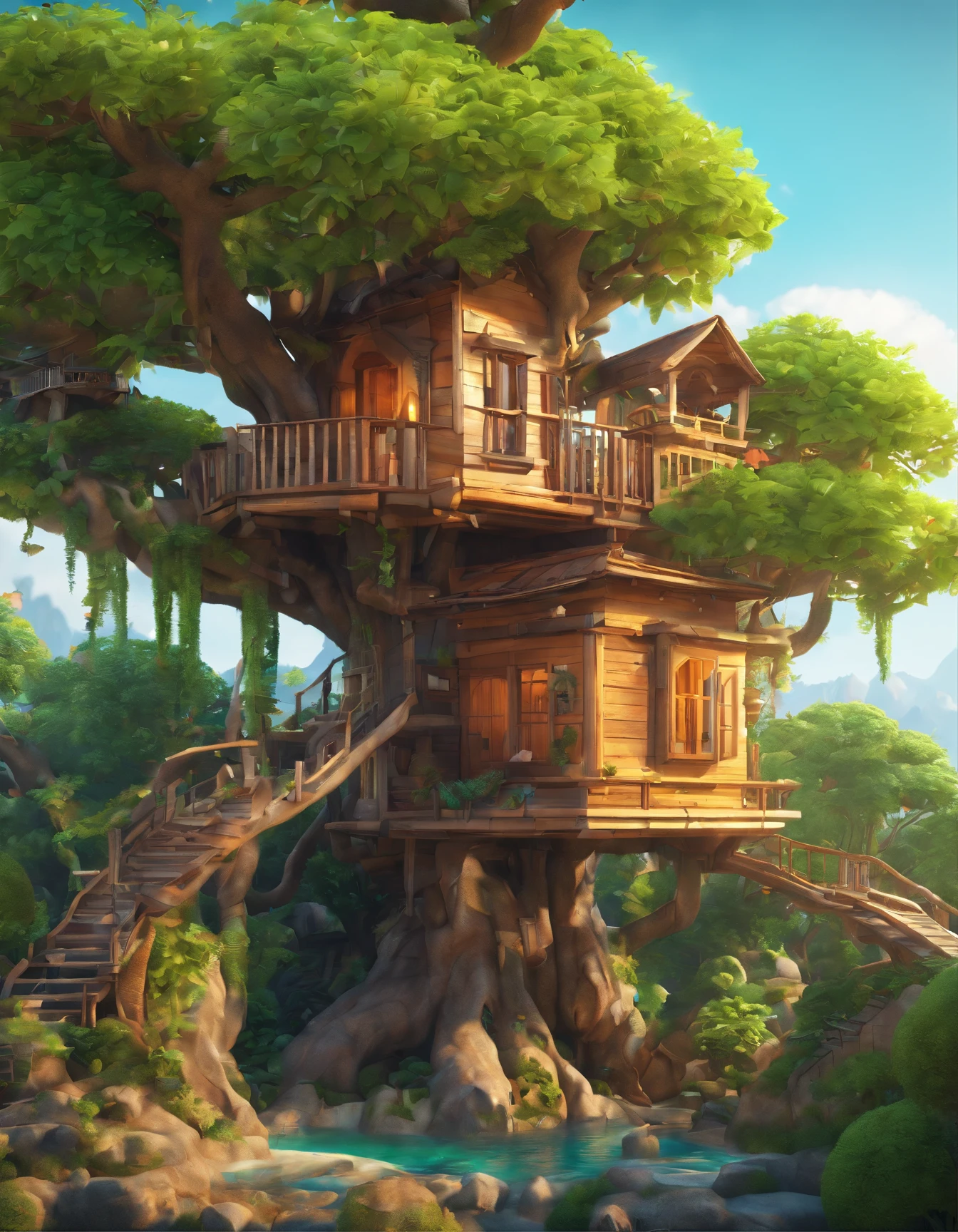 there is a tree house with a staircase and a tree in the middle, bonsai tree house, tree house, highly detailed illustration, tree town, treehouse, intricate detailed illustration, surreal + highly detailed, cyberpunk tree house, highly detailed digital artwork, best of behance, very detailed illustration, high detailed illustration, floral jungle treehouse, detailed intricate illustration, intricate 3 d illustration,3d style, Glossy and delicate,Clean background, Good gloss, 3D rendering of,Best quality
