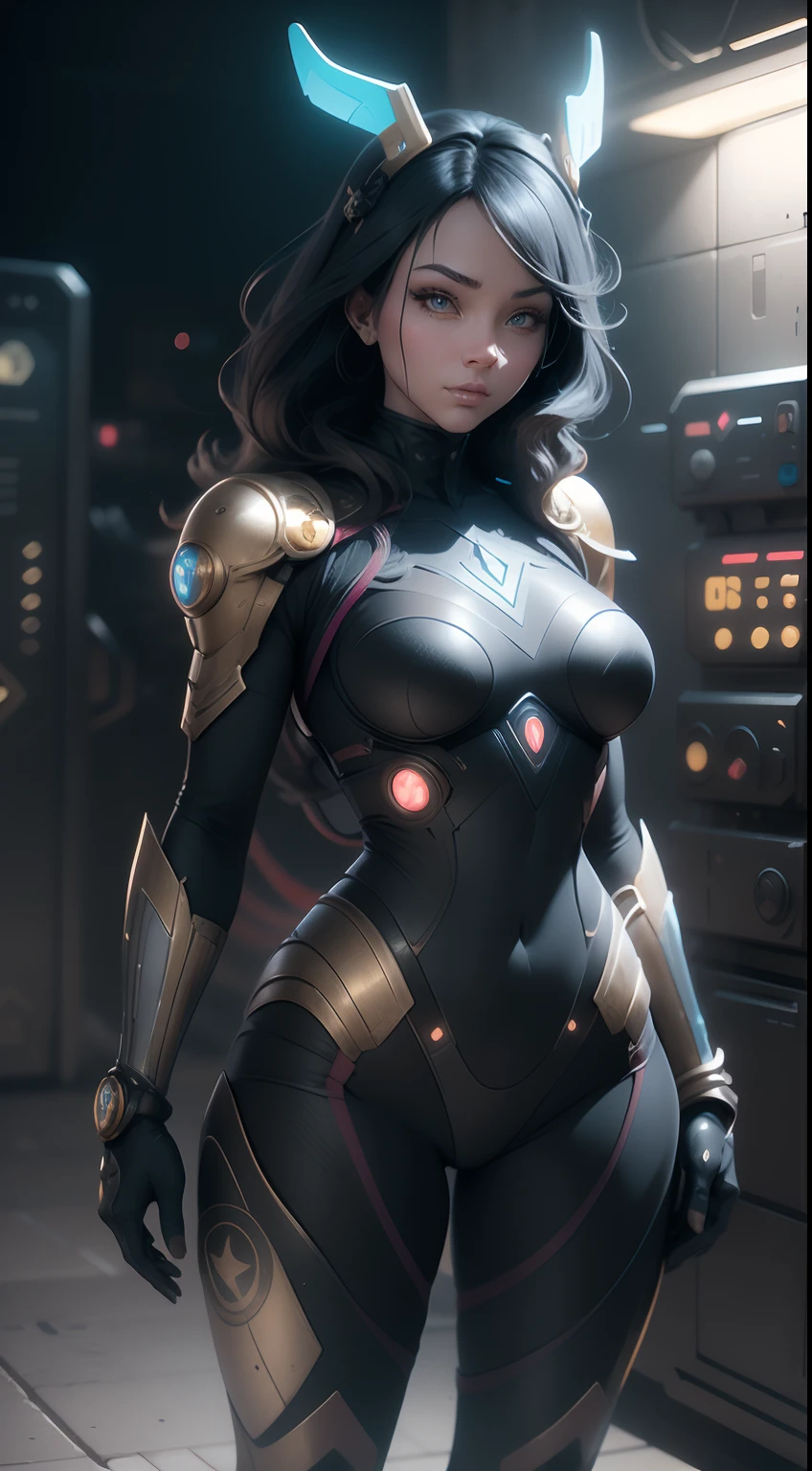 (best quality,8k,high resolution,masterpiece:1.2),ultra-detailed,realistic,(sci-fi,futuristic) fashion female,retro futurism,brunette,detailed eyes,detailed lips,long eyelashes,red micro dress,beige color pantyhose,neutral background,glowing patterns under the dress,vivid colors,strong studio lighting,shadow and highlights,vibrant red and gold color scheme,shiny metallic accessories,sci-fi elements on the dress,high-tech textures,unique futuristic hairstyle.