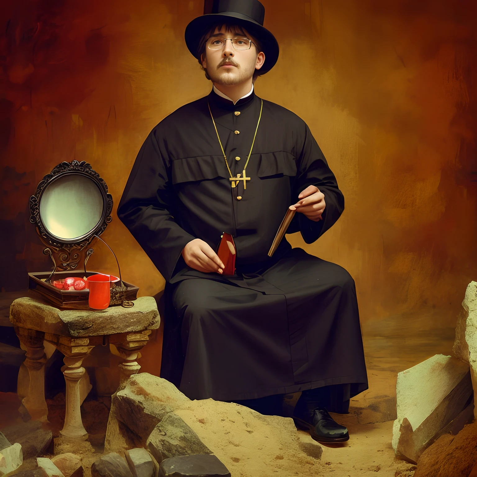 Man in black bathrobe and hat sitting in a chair, A Catholic priestRealistic photo of a 20-year-old girl with dark hair tied in a bun and wears a very simple black cape, Confessing with a middle-aged priest in a confessional, em 1860, Italy,  inspirado em Pierre Brissaud, inspirado por Illarion Pryanishnikov, inspirado em Jules Robert Auguste, Rossetti, inspirado em Henri Bellechose, (Jean Jules Linden), Tom mapeado William-Adolphe, Retrato de um duque da era vitoriana, inspired by Eugène Carrière em 1850, Italy, foto realista, Victorian colours, foto realista