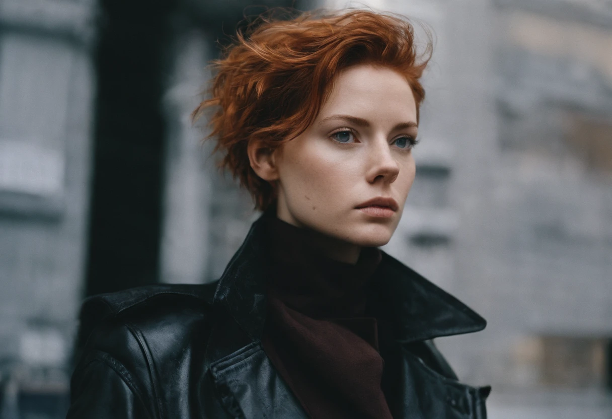 beautiful ite young woman, 28 year old, short messy hair, ginger hair, floppy hair, straight hair, cold, (investigative journalist:1,5), new york city, Photojournalism, 35mm, Kodak Gold 200, Depth of Field, Materiality