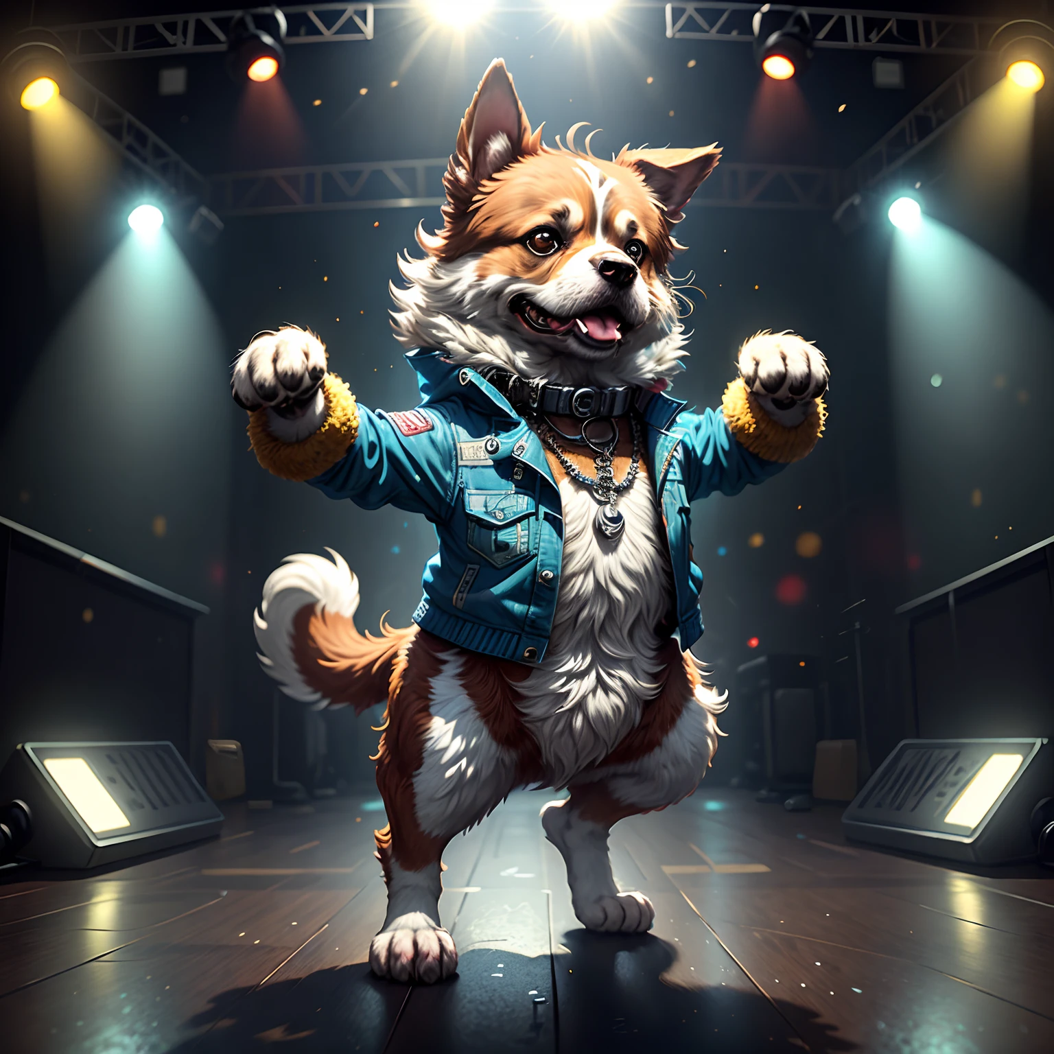 Dog dancing rock on dance floor background, Underground danceclub,tmasterpiece, high high quality, Best quality at best,Rock ballroom,Stylish dog DJ,Dogs wear punk headphones,Dogs wear rock costumes,k hd,8K