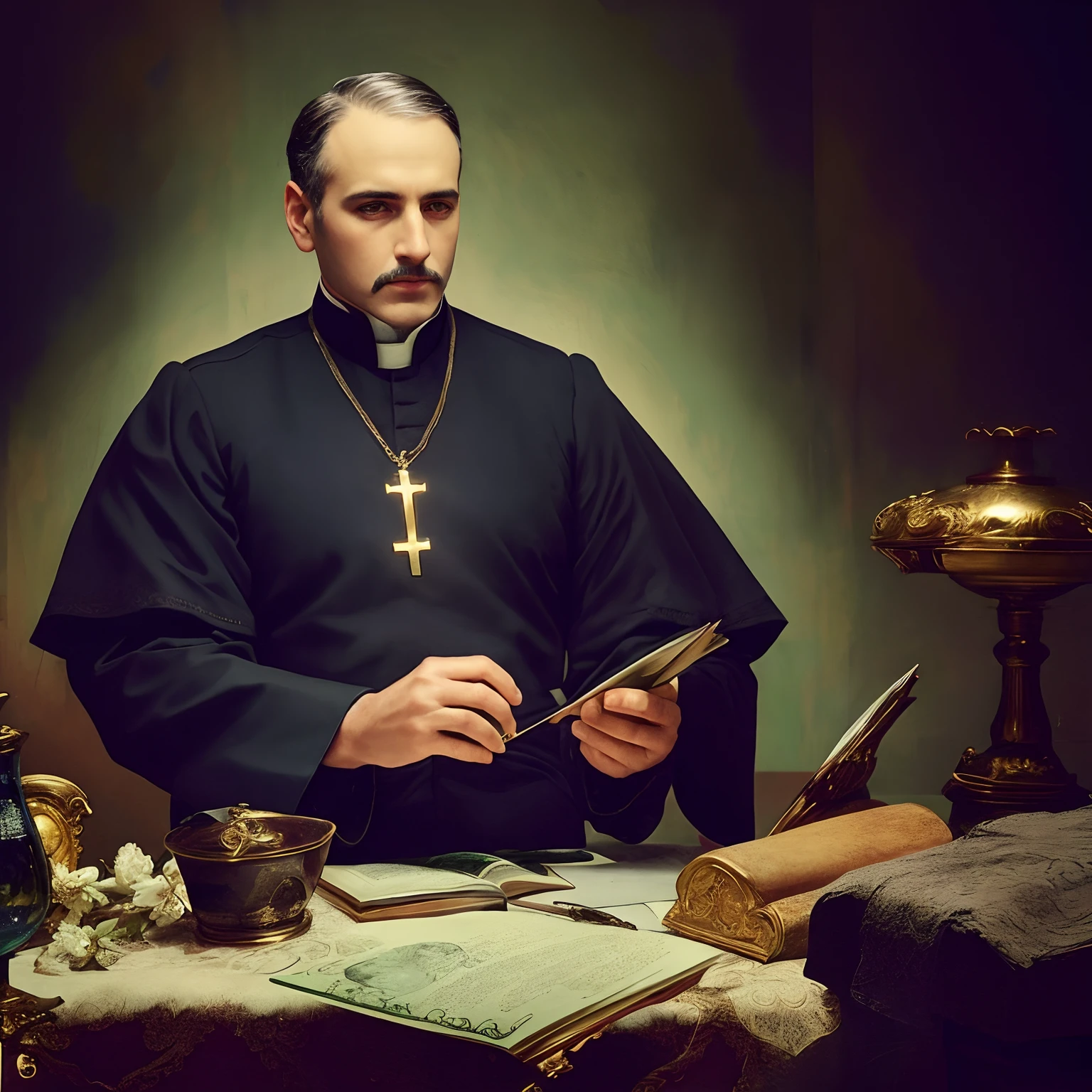 homem com vestes de sacerdote segurando uma cruz e um livro, an evil catholic priest, Foto realista de uma jovem de 20 anos com cabelos escuros amarrados em coque e usa uma capa preta bem simples, Confessing with a middle-aged priest in a confessional, em 1860, Italy, inspirado em Pierre Brissaud, inspirado por Illarion Pryanishnikov, inspirado em Jules Robert Auguste, Rossetti, inspirado em Henri Bellechose, (Jean Jules Linden), Tom mapeado William-Adolphe, Retrato de um duque da era vitoriana, inspired by Eugène Carrière em 1850, Italy, foto realista, Victorian colours, foto realista