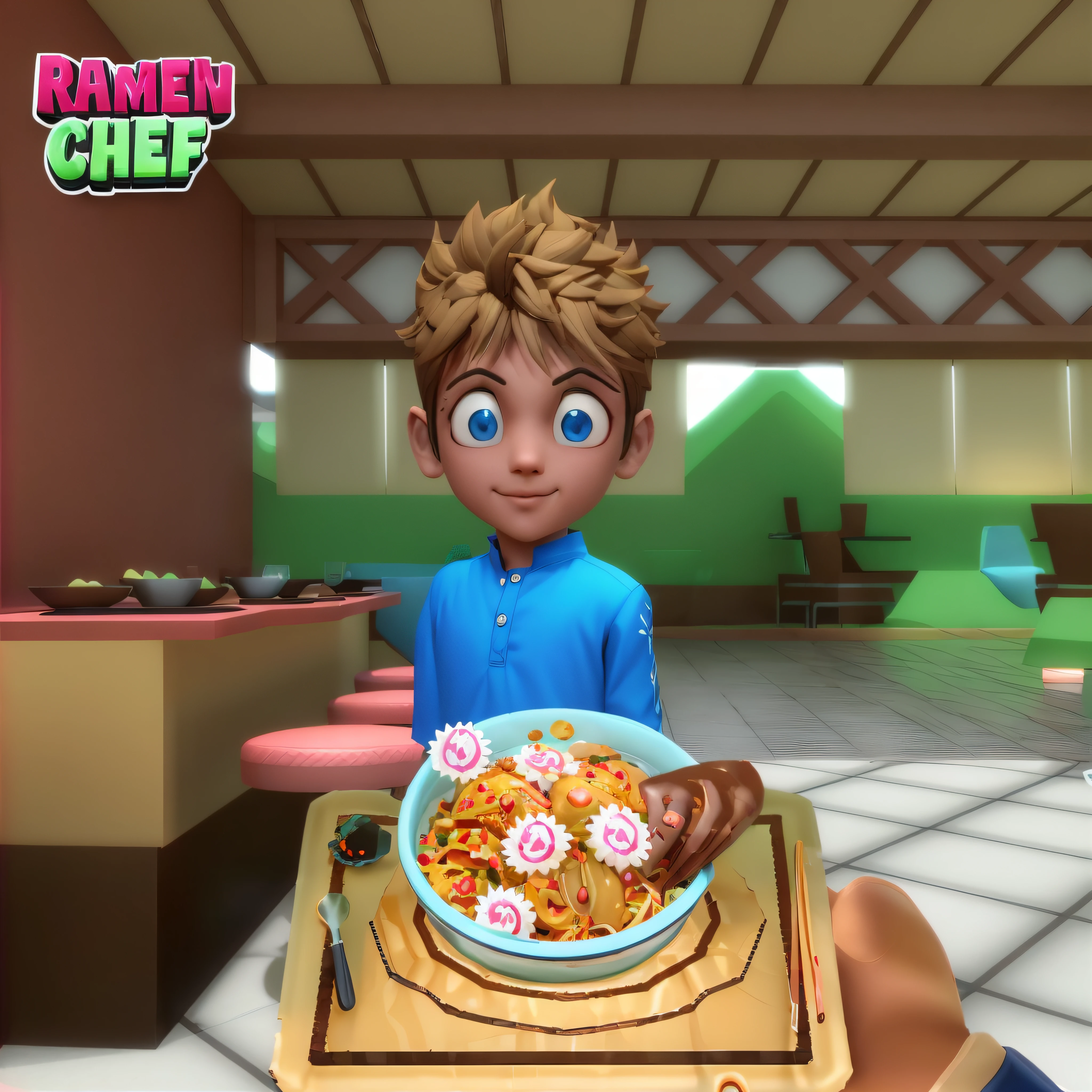 Cartoon boy standing in a room with a bar and a table, standing in a restaurant, Captura de tela do jogo Life Simulator, Caractere estilizado, Avatar da parte superior do corpo, character is standing, estilizado simples, Mostrar sombreador, Caractere detalhado, full body single character, novo personagem, videogame ainda, sombreamento estilizado, Pose de personagem, 3 d demo carretel avatar, toon rendering
