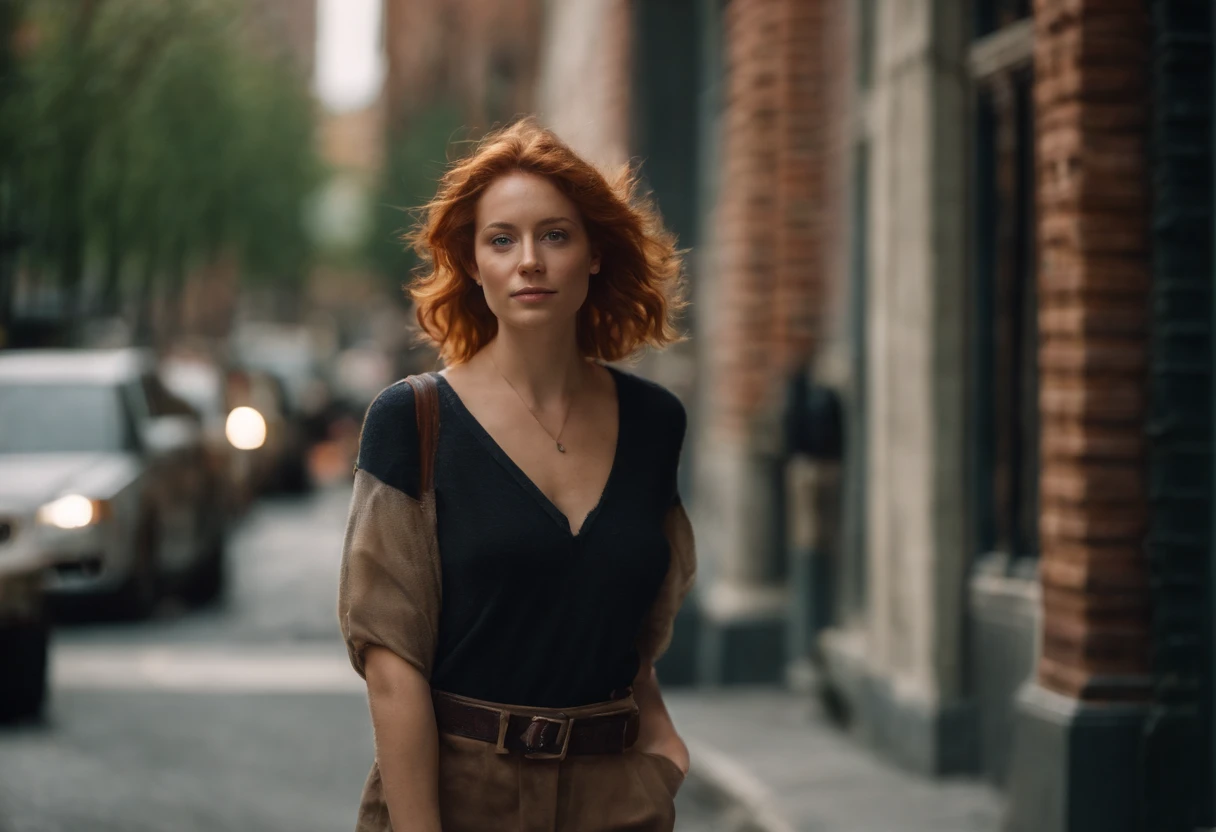 beautiful young woman, 28 year old, short messy hair, ginger hair, floppy hair, straight hair, cold, (investigative journalist:1,5), new york city, Photojournalism, 35mm, Kodak Gold 200, Depth of Field, Materiality