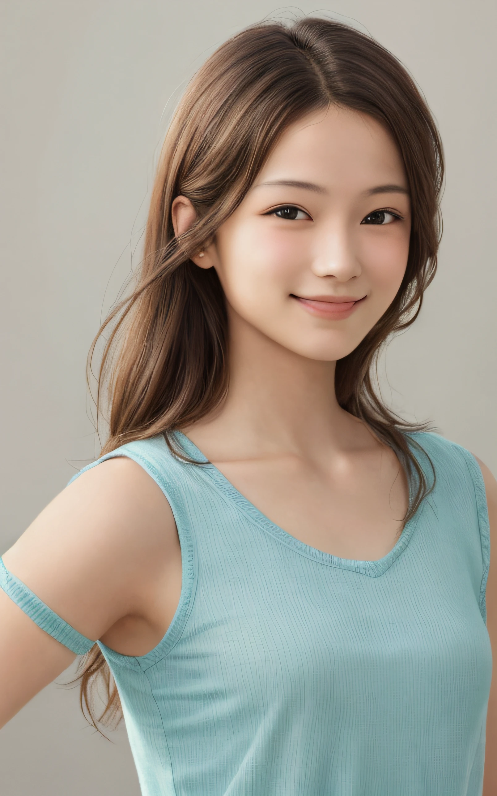 cute girl photo realistic, little smile