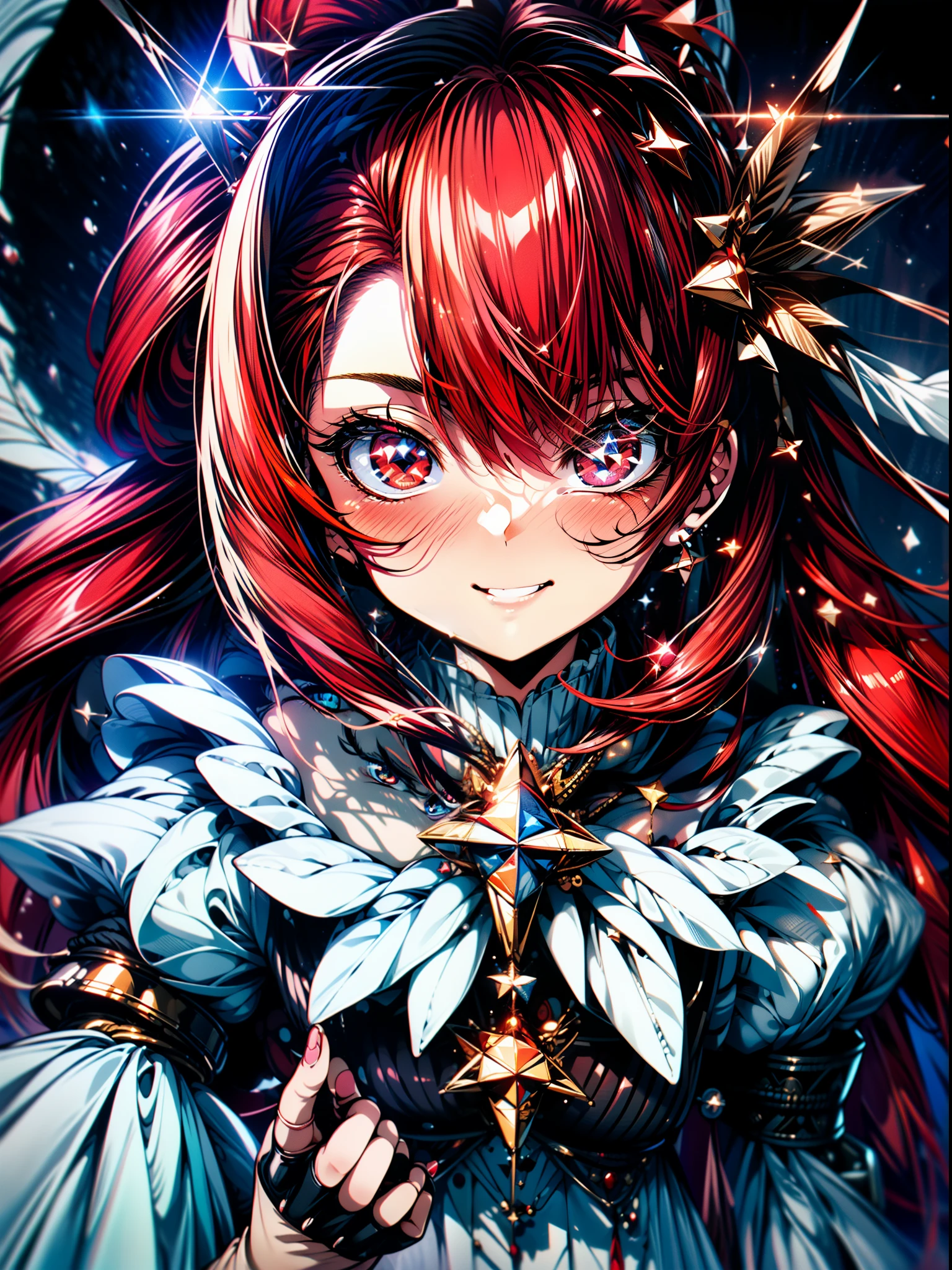 {{Best quality}}, {{Masterpiece}}, {{super ultra detail}}, {{illustration}}, {{Detailed light}}, one-girl，closeup of face,(red hair(deep red color hair shade:1.3):1.2),(twintail hairstyle:1.3),(/magical girl:1.3/),(white long sleeve fingerless gloves:1.3),pink angel wings,(++kira kira effect++),(wire of five angle star in the background:1.5),midjourney