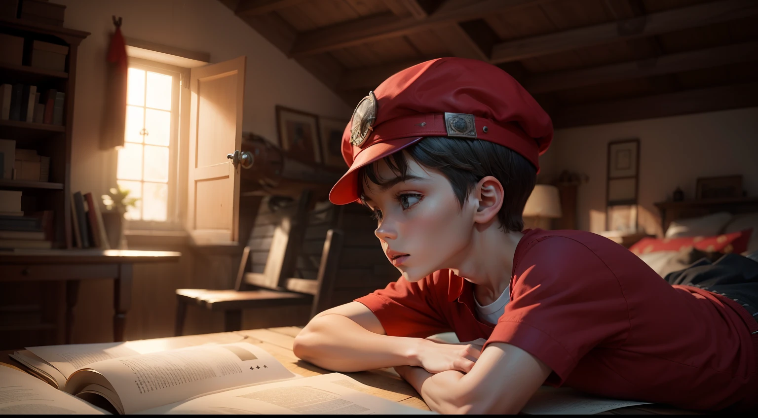 /imaginar: Descobrimento, attic, poeirento, Misterioso, flying machine, boy with a red cap and a red shirt