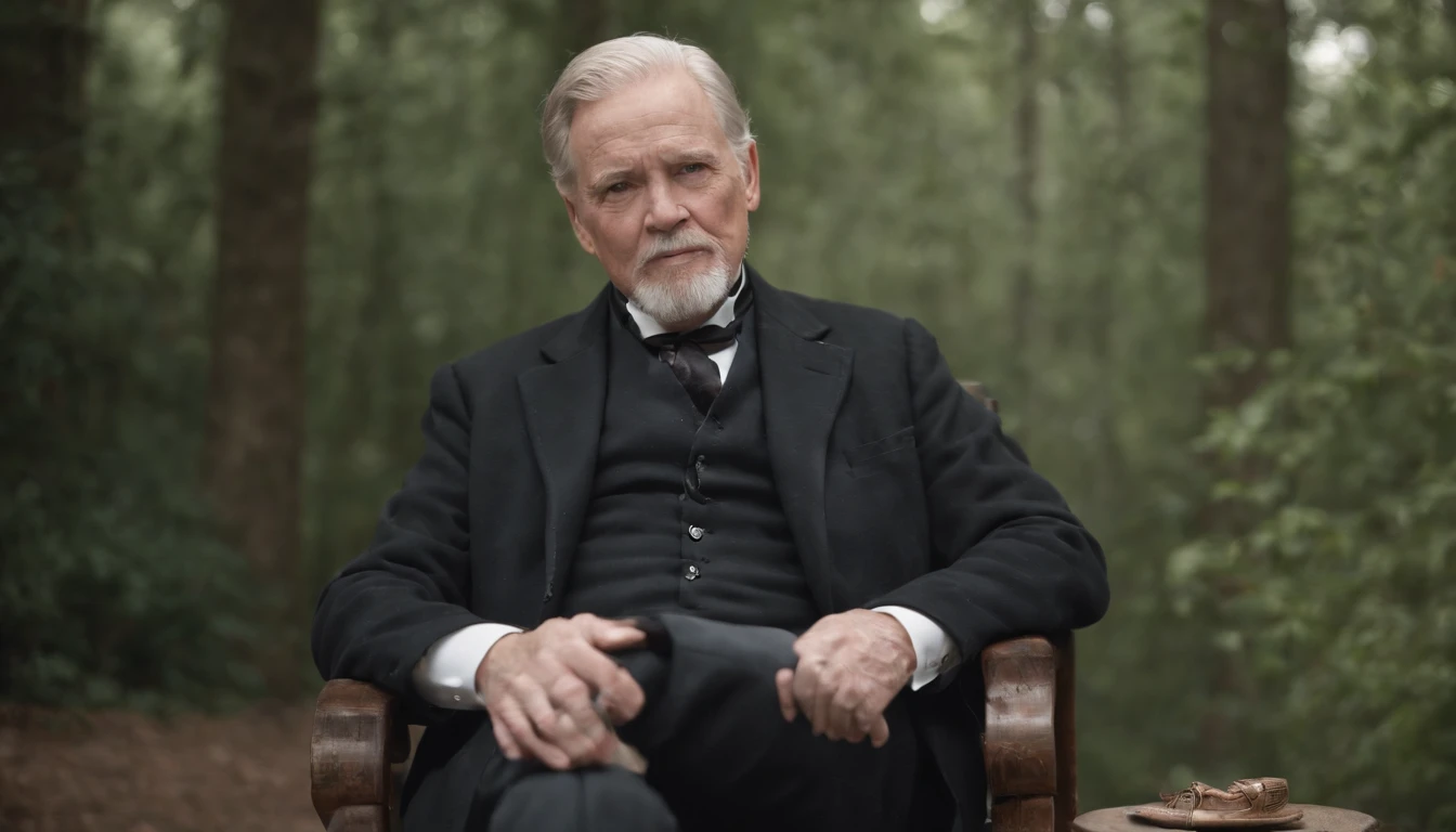 Old gentleman with a goatee,sit on chair,Eyes look at boots,Black high-gloss rain boots, 8K分辨率,Wallpaper masterpiece,Best quality,digitial painting,Highly meticulous,Ultra high quality
