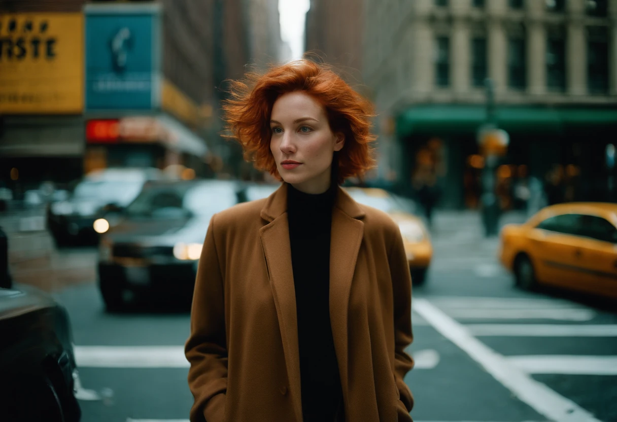 beautiful young woman, 28 year old, short messy hair, ginger hair, floppy hair, straight hair, cold, (investigative journalist:1,5), new york city, Photojournalism, 35mm, Kodak Gold 200, Depth of Field, Materiality