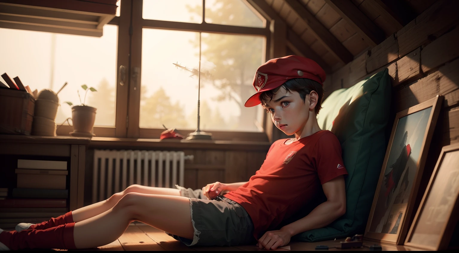 /imaginar: Descobrimento, attic, poeirento, Misterioso, flying machine, boy with a red cap and a red shirt