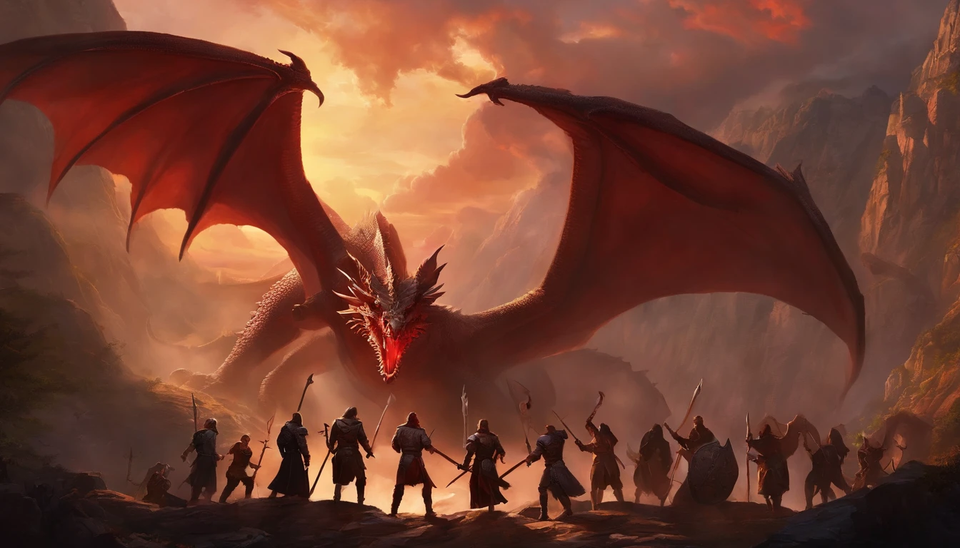 Painting of a group of people with swords and red dragon in the sky, battle with dragon, dungeons and dragons art, epic fantasy art, epic fantasy game art, d & D Arte Digital Fantasia, Epic Fantasy Digital Art Style, Dungeons and Dragons Arte de fantasia, d & d fantasy art, epic fantasy painting, d & d fantasia pintura digital, surpreendente d & D arte