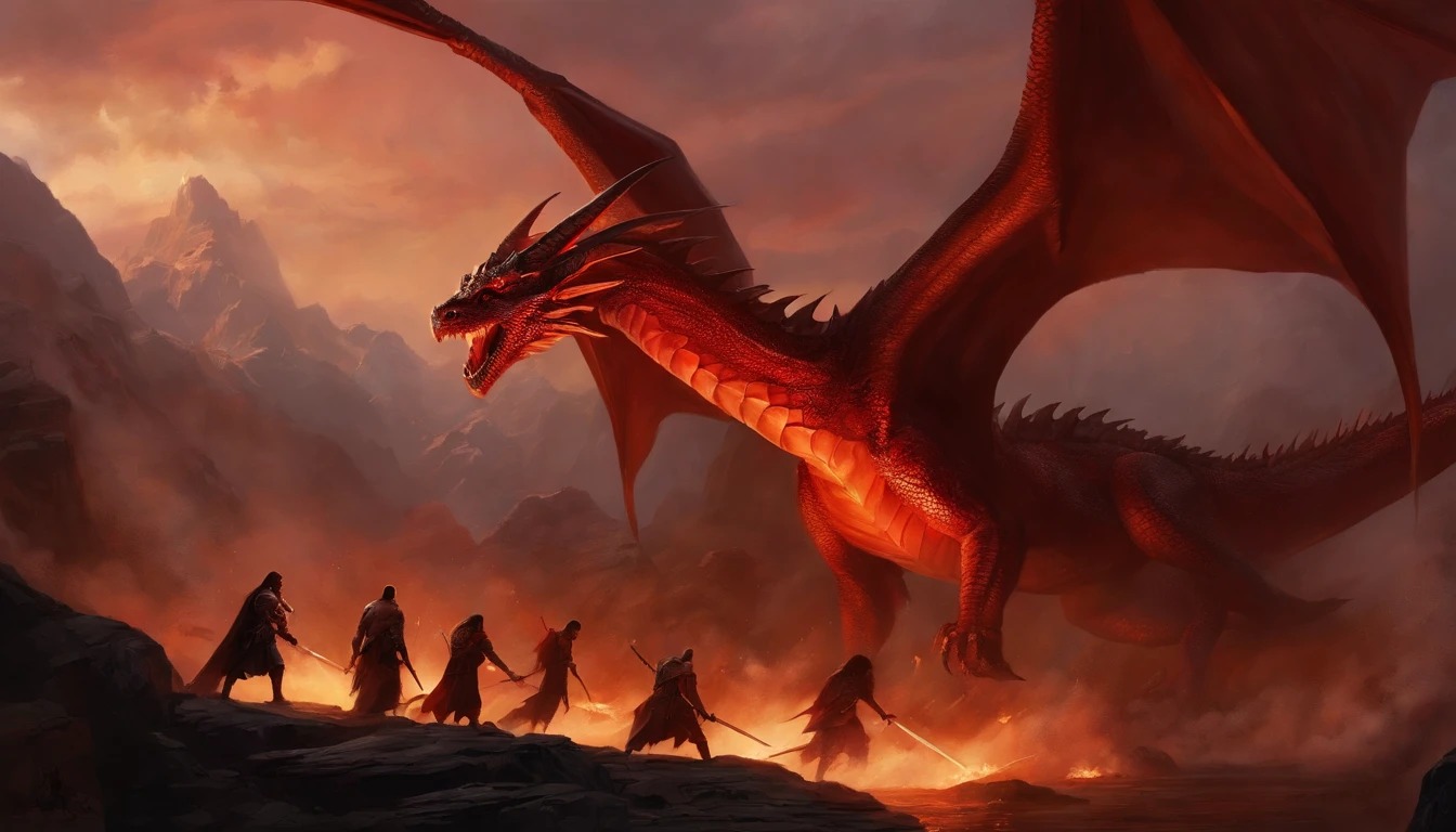 Painting of a group of people with swords and red dragon in the sky, battle with dragon, dungeons and dragons art, epic fantasy art, epic fantasy game art, d & D Arte Digital Fantasia, Epic Fantasy Digital Art Style, Dungeons and Dragons Arte de fantasia, d & d fantasy art, epic fantasy painting, d & d fantasia pintura digital, surpreendente d & D arte