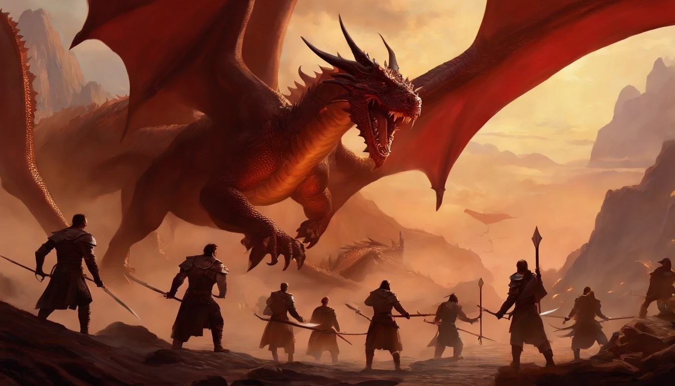 Painting of a group of people with swords and red dragon in the sky, battle with dragon, dungeons and dragons art, epic fantasy art, epic fantasy game art, d & D Arte Digital Fantasia, Epic Fantasy Digital Art Style, Dungeons and Dragons Arte de fantasia, d & d fantasy art, epic fantasy painting, d & d fantasia pintura digital, surpreendente d & D arte