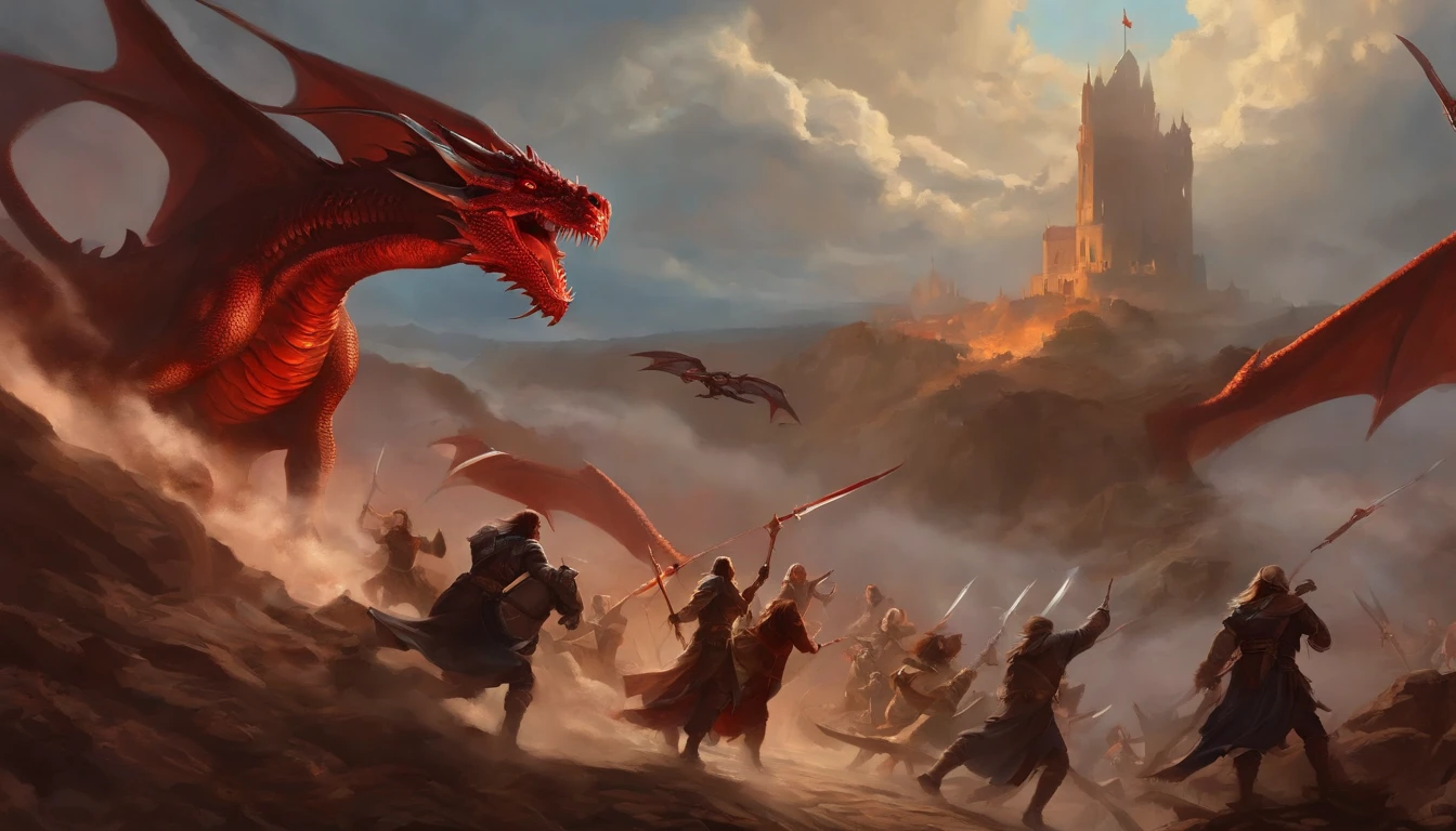 Painting of a group of people with swords and red dragon in the sky, battle with dragon, dungeons and dragons art, epic fantasy art, epic fantasy game art, d & D Arte Digital Fantasia, Epic Fantasy Digital Art Style, Dungeons and Dragons Arte de fantasia, d & d fantasy art, epic fantasy painting, d & d fantasia pintura digital, surpreendente d & D arte