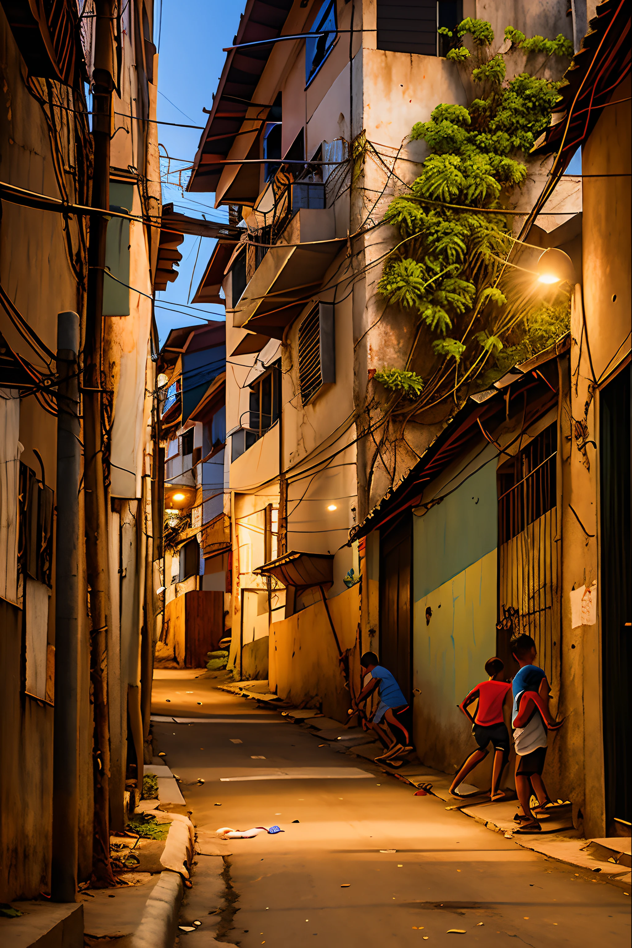 a realistic photo of a road in a favela in brazil in the evening, a few kids are playing soccer, hyperrealism