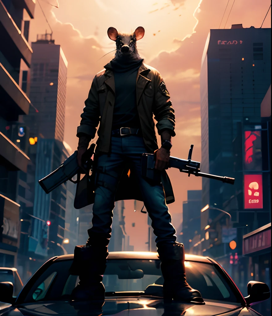 Rat Man with gun standing on top of a car to kill zombies