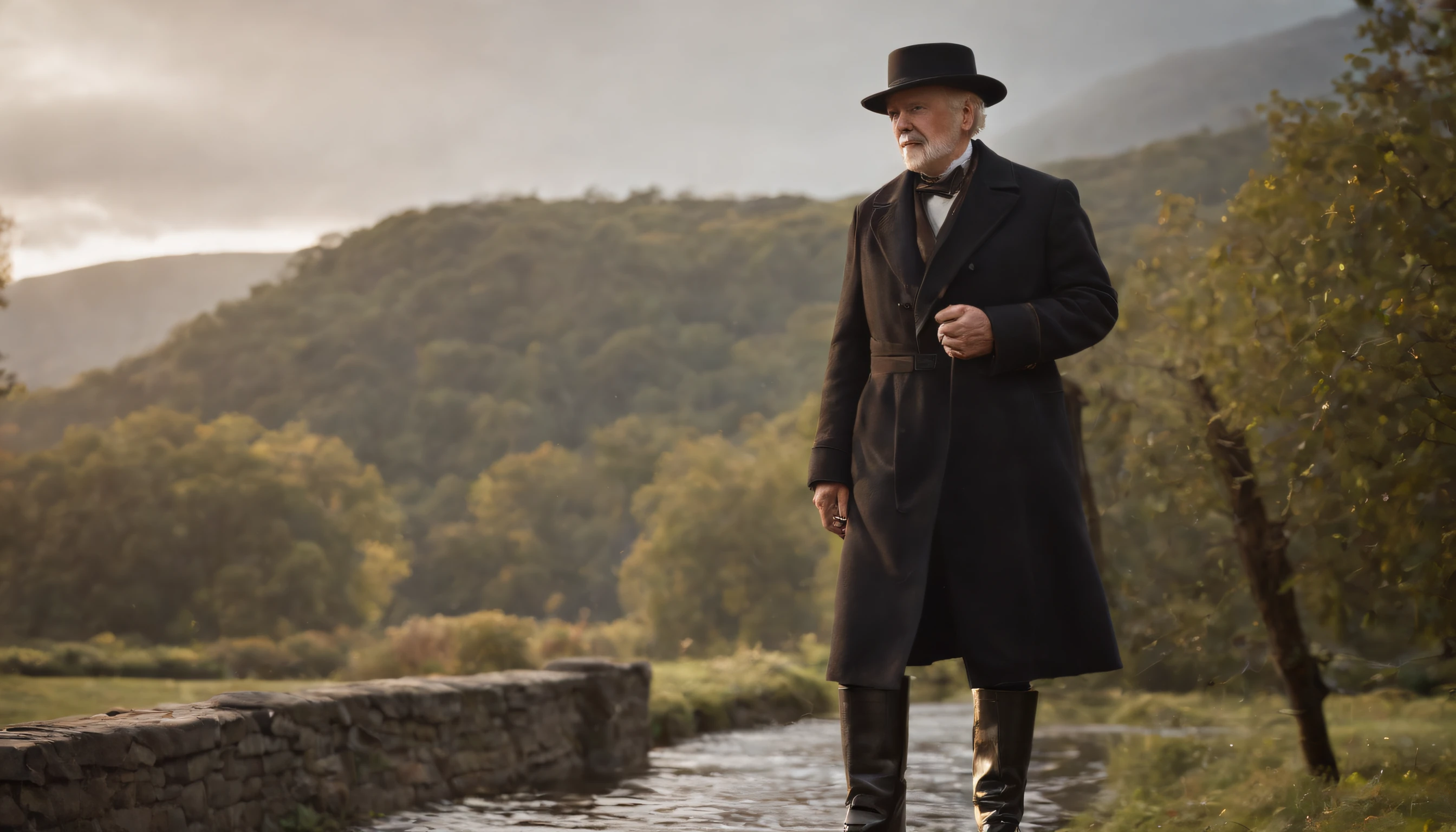 Old gentleman with a goatee,sit on chair,Eyes look at boots,Black high-gloss rain boots, 8K分辨率,Wallpaper masterpiece,Best quality,digitial painting,Highly meticulous,Ultra high quality