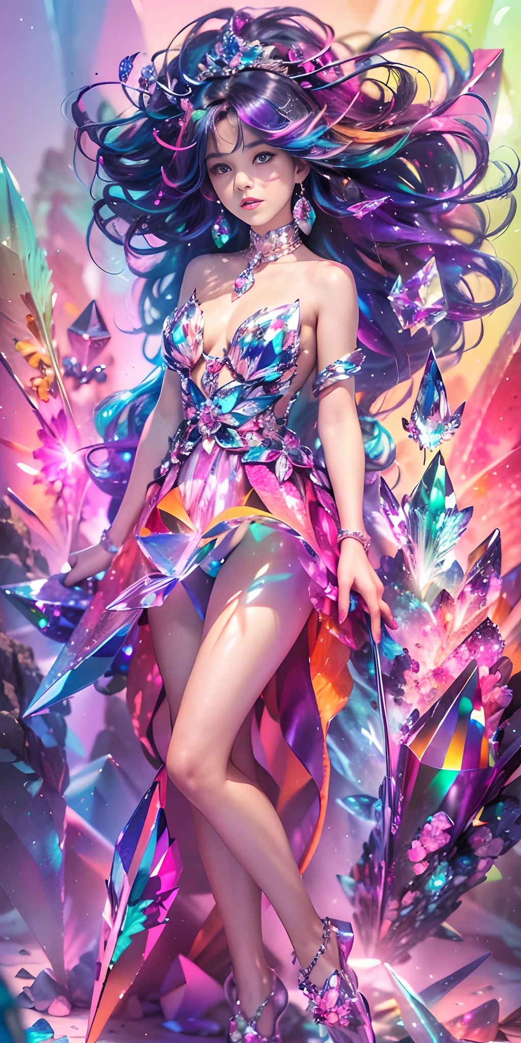(Masterpiece), (Best quality), Extremely detailed, illustration, ((1girll)), (colorful crystals:1.5),(Wear crystal shoes:1.5),(colorfulhair:1.2),(Colorful dresses),High chiaroscuro,(full bodyesbian:1.5)