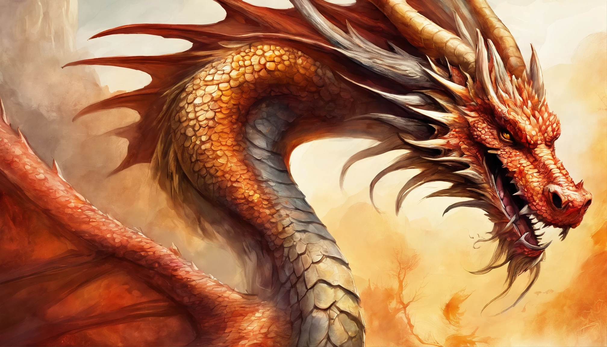 Close-up of a dragon with a long tail and a red tail, Smooth Chinese dragon, , Majestic Chinese dragon, Golden Dragon, drak, Big Golden Dragon, chinese dragon concept art, fire flaming dragon serpent, shenron, long dragon, Roun, dragon with scars, Dragon's Breath Fire, Golden Chinese dragon fantasy, Huge golden dragon!!!