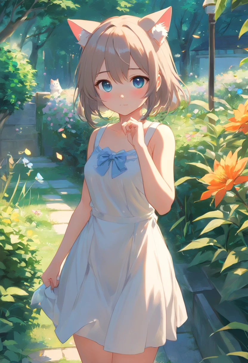 Cat-eared girl in white dress standing in the garden, QUEBRAR,Cabello plateado,ojos azules,(((sin mangas))),Cuelga la ropa para que se seque,Holding a laundry basket with clothes, en vestido, small curvy loliras de arte al estilo de Guweiz, Guweiz en Pixiv Artstation, Guweiz en Artstation Pixiv, Guweiz, small loli giroft anime illustration, Anime images of cute girls, Arte detallado del anime digital