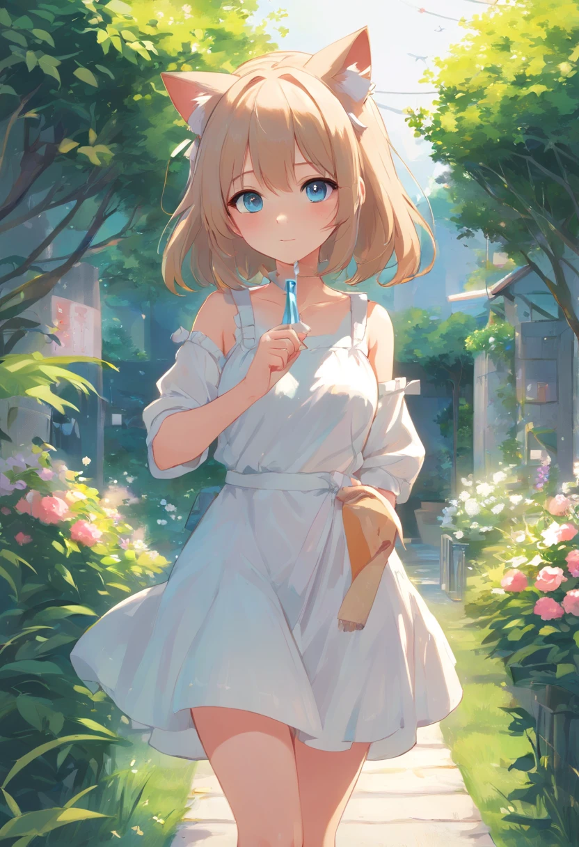 Cat-eared girl in white dress standing in the garden, QUEBRAR,Cabello plateado,ojos azules,(((sin mangas))),Cuelga la ropa para que se seque,Holding a laundry basket with clothes,Loli en vestido, small curvy loli, Obras de arte al estilo de Guweiz, Guweiz en Pixiv Artstation, Guweiz en Artstation Pixiv, Guweiz, small loli girl, Soft anime illustration, Anime images of cute girls, Arte detallado del anime digital