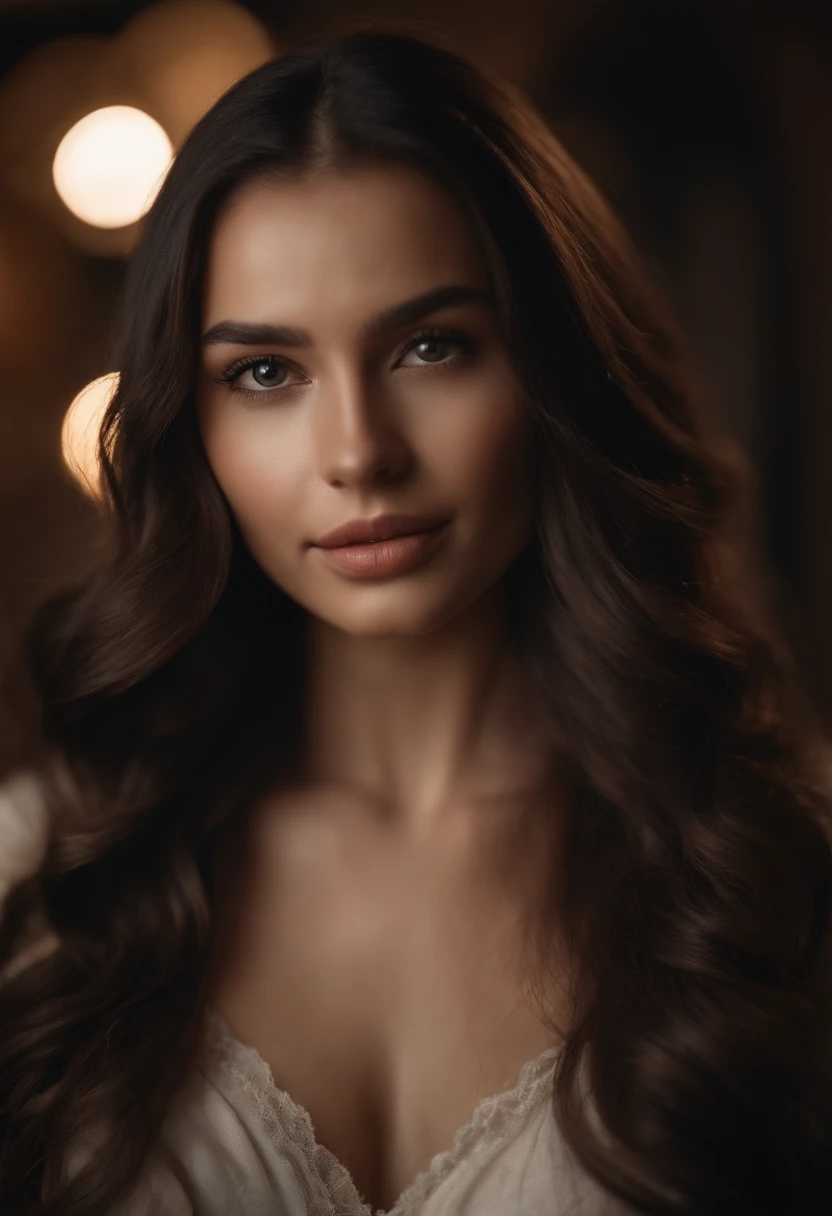 a beautiful naked woman standing, detailed brown eyes, detailed lips, beautiful face, long eyelashes, elegant pose, natural lighting, realistic, photorealistic, 8k, detailed skin, glowing skin, volumetric lighting, chiaroscuro, cinematic, dramatic lighting, detailed hair, flowing hair