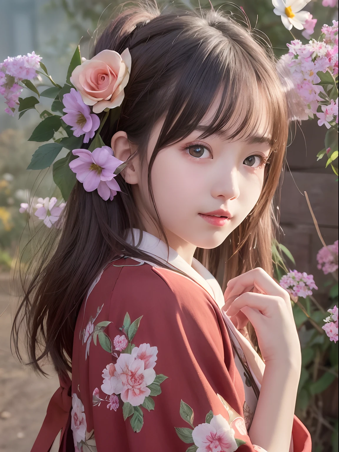 Best quality, Masterpiece, high resolution, Original, highly detailed wallpaper, Beauty,Gorgeous kimono、dress, Sad, Small face、teens girl、Real Human、authentic、Foreigner、Old photos、Flowers bloom、cheerfulness、Pleasure、Red lips、ssmile