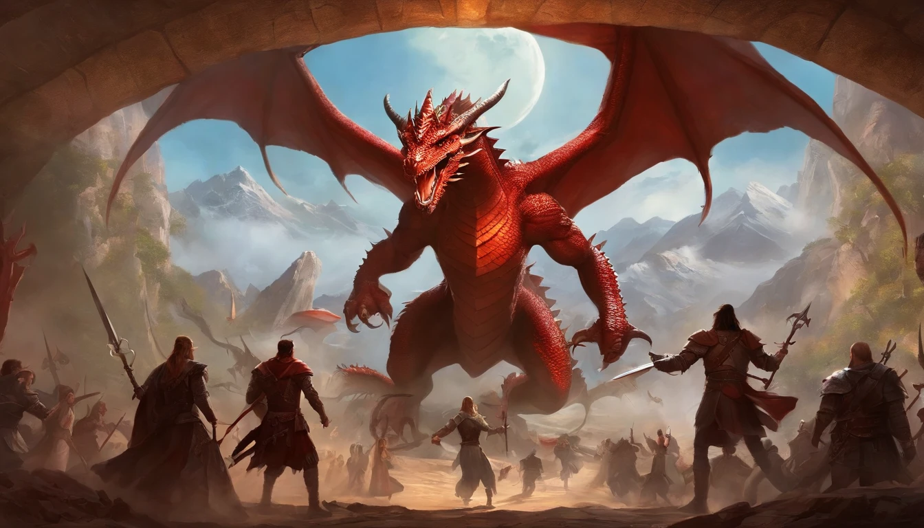Painting of a group of people with swords and red dragon in the sky, battle with dragon, dungeons and dragons art, epic fantasy art, epic fantasy game art, d & D Arte Digital Fantasia, Epic Fantasy Digital Art Style, Dungeons and Dragons Arte de fantasia, d & d fantasy art, epic fantasy painting, d & d fantasia pintura digital, surpreendente d & D arte