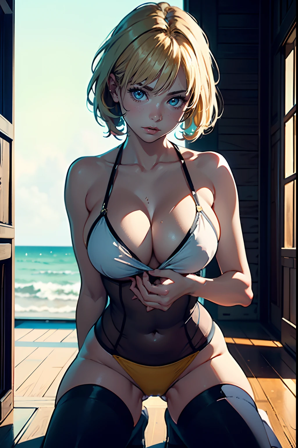 The photo was taken in a plain white background. The girl on focus, She is facing the camera. She is kneeling down and you can see her cleavage. She wears a brown yellow ??????, for roleplay porpuses, revealing its curves, she doesn't have pants on, you can see her ????????? on her yellow ?????? because she is kneeling on the floor. The outfit is very tight around her waistline, and her shouldes are ????. With a very clear sky. Her hair is blonde and short, with colored streaks, or blonde multicolored hair. She is touching her body, and ???????????????, or maybe not. The shadows in the photo are impressive. The girl is illuminated perfectly. The rest of the photo is perfect with a very white background. This creates a sense of pleasure and intrigue. The colors are all vibrant and satisfying to look at. The face is very realistic, and she is very detailed as well, she is appealing to look at. The general mood of the photo is sensual and alluring. The girl is the center of attention of the photo, And its beauty is undeniable. The beautiful setting and dramatic colors create a sense of hypnosis and excitement. This photograph is a perfect example of professional cinematic photography. It is well lit, well-proportioned, And the theme is absolutely amazing. It is sure to attract the attention of anyone, Who will see it. You could put a ornaments in her hair. Whatever, As a result, the photo will be composed?, It is sure to be a stunning and memorable image.