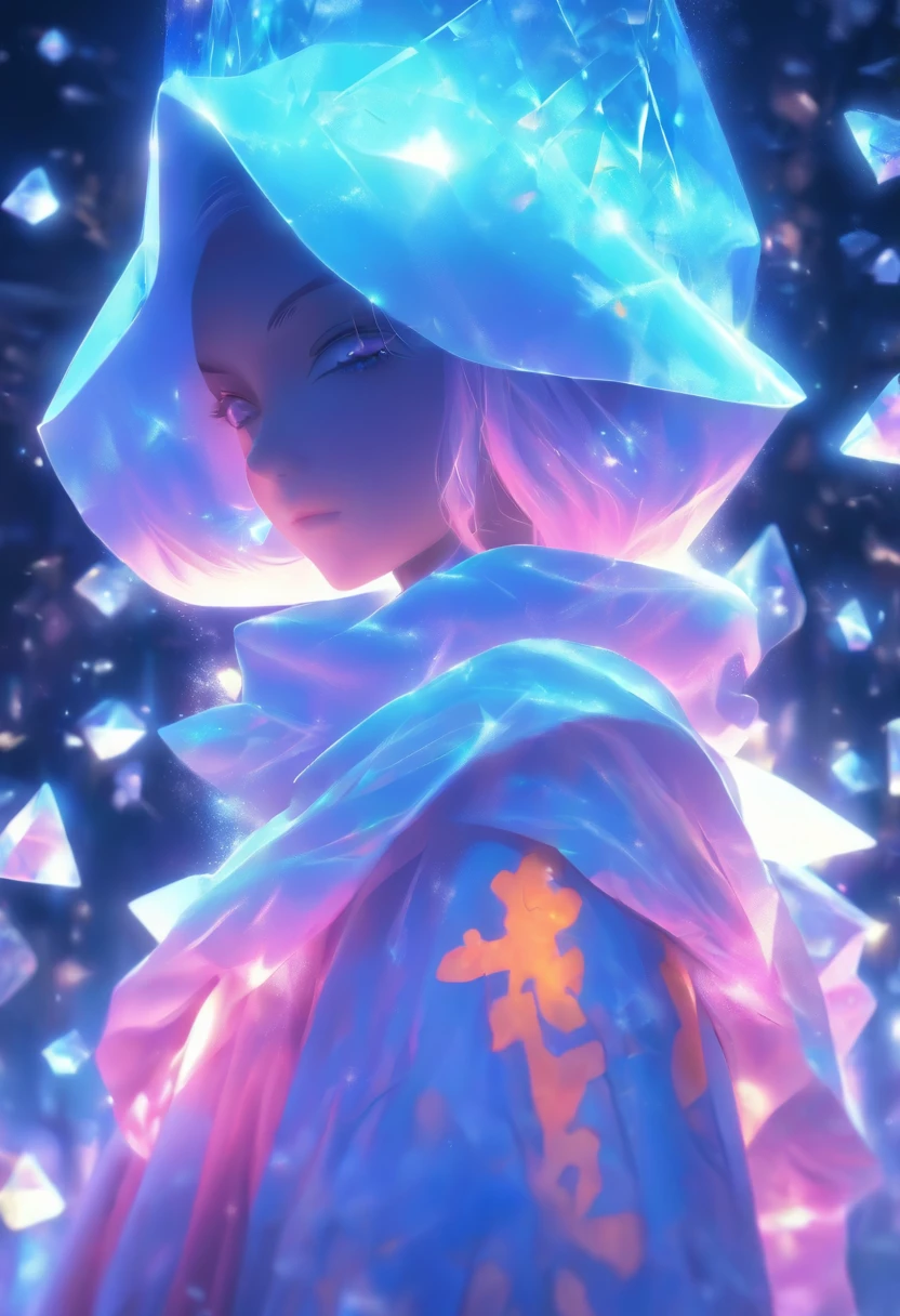 (absurderes,A high resolution,ultra - detailed), offcial art, Unity 8k壁纸, Ultra-detailed, aestheticly pleasing, tmasterpiece, best qualityer,long skirt,slender girl,Wear a tulle dress with shimmering broken diamonds,With a hood,Hood head,The material of the clothes is very light,Gaia style,The clothes are wrapped with auspicious cloud patterns(Full body like),Vivid expressions