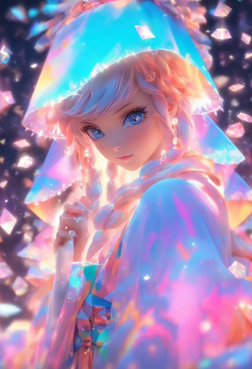(absurderes,A high resolution,ultra - detailed), offcial art, Unity 8k壁纸, Ultra-detailed, aestheticly pleasing, tmasterpiece, best qualityer,long skirt,slender girl,Wear a tulle dress with shimmering broken diamonds,With a hood,Hood head,The material of the clothes is very light,Gaia style,The clothes are wrapped with auspicious cloud patterns(Full body like),Vivid expressions