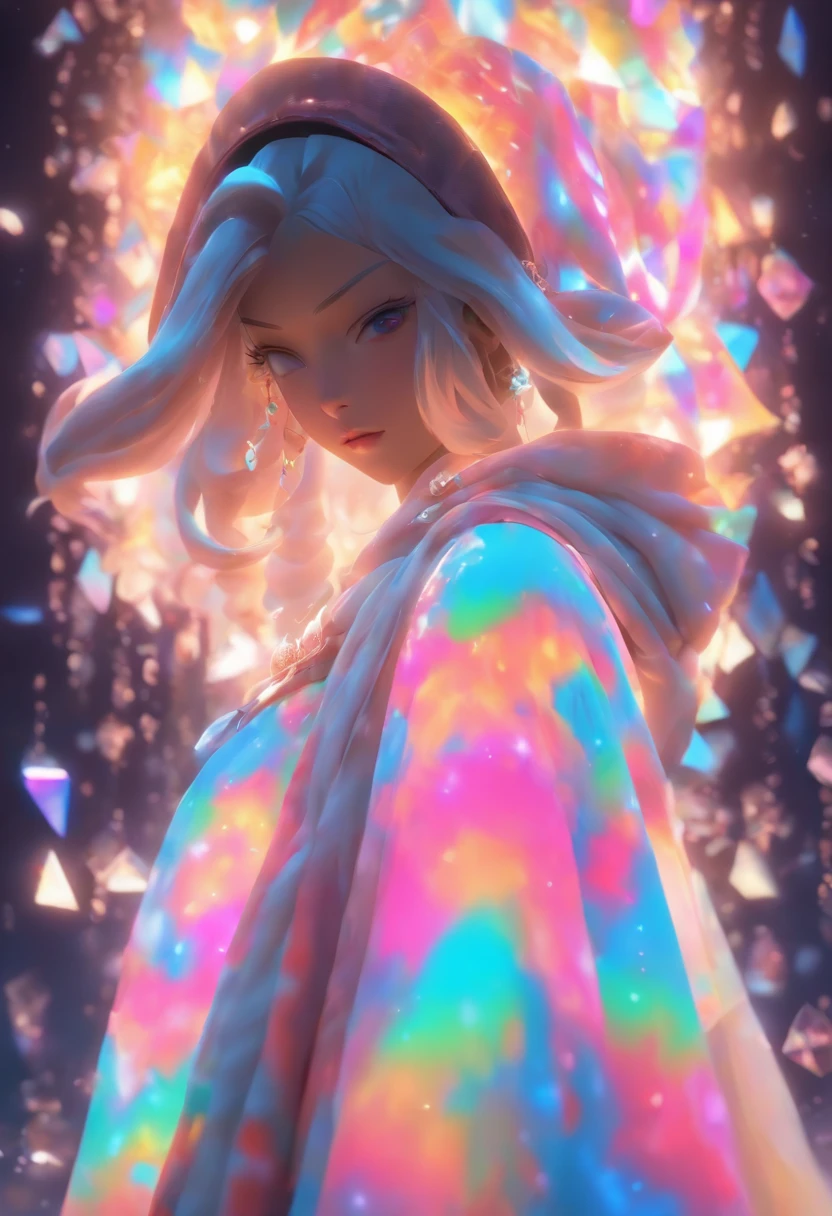 （absurderes，A high resolution，ultra - detailed）， offcial art, Unity 8k壁纸, Ultra-detailed, aestheticly pleasing, tmasterpiece, best qualityer,long  skirt，slender girl，Wear a tulle dress with shimmering broken diamonds，With a hood，Hood head，The material of the clothes is very light，Gaia style，The clothes are wrapped with auspicious cloud patterns（Full body like），Vivid expressions