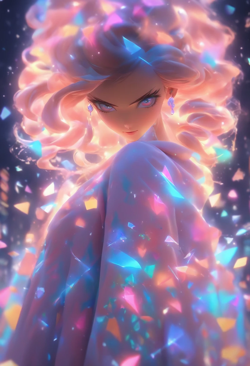 (absurderes,A high resolution,ultra - detailed), offcial art, Unity 8k壁纸, Ultra-detailed, aestheticly pleasing, tmasterpiece, best qualityer,long skirt,slender girl,Wear a tulle dress with shimmering broken diamonds,With a hood,Hood head,The material of the clothes is very light,Gaia style,The clothes are wrapped with auspicious cloud patterns(Full body like),Vivid expressions