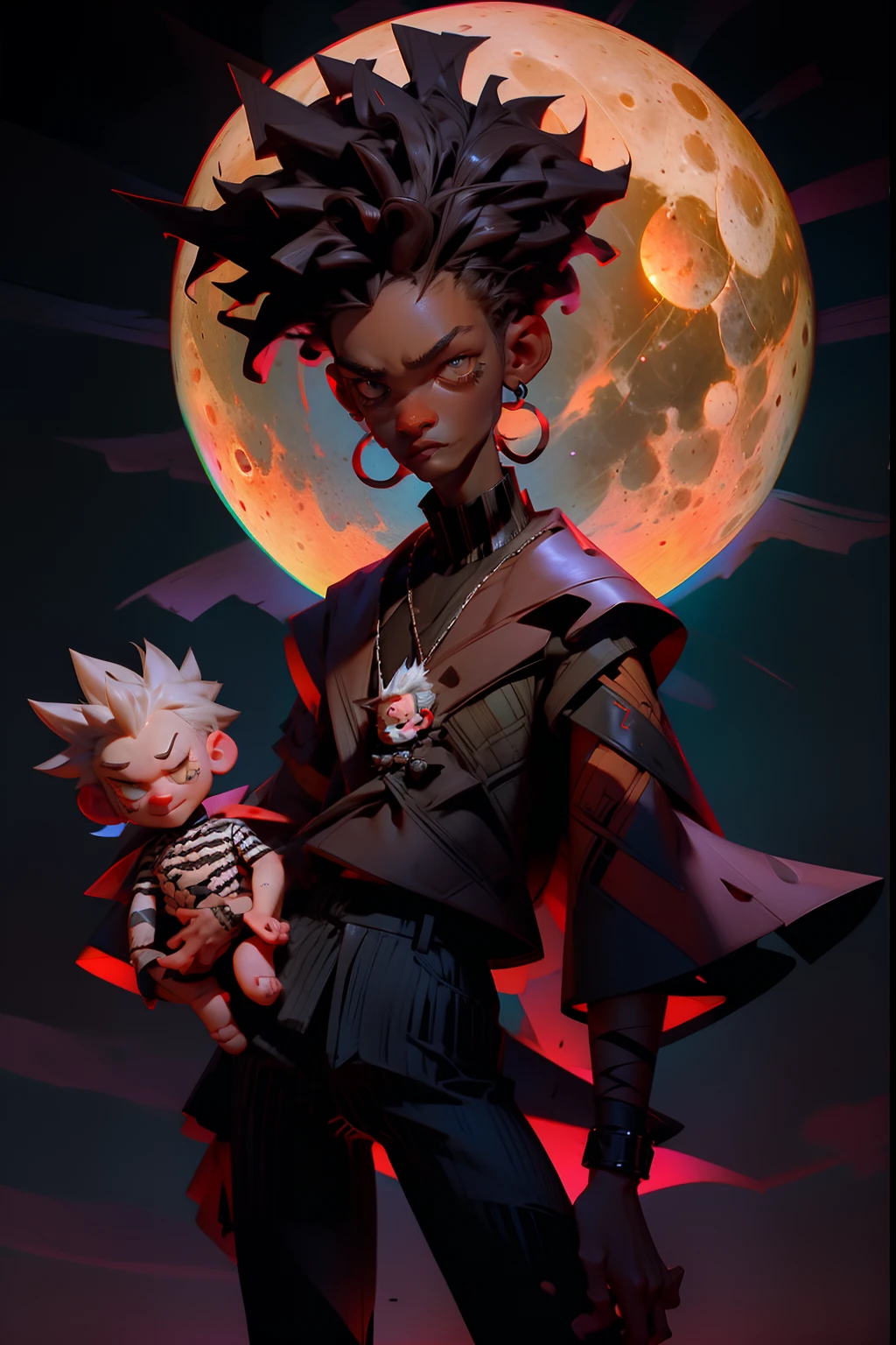 A voodoo trickster man, with spiked hair, wearing striped shirt and a black pants, holding a voodoo rag doll, background is full moon, mood is fickle, stupid, insanity, night time light, character design.