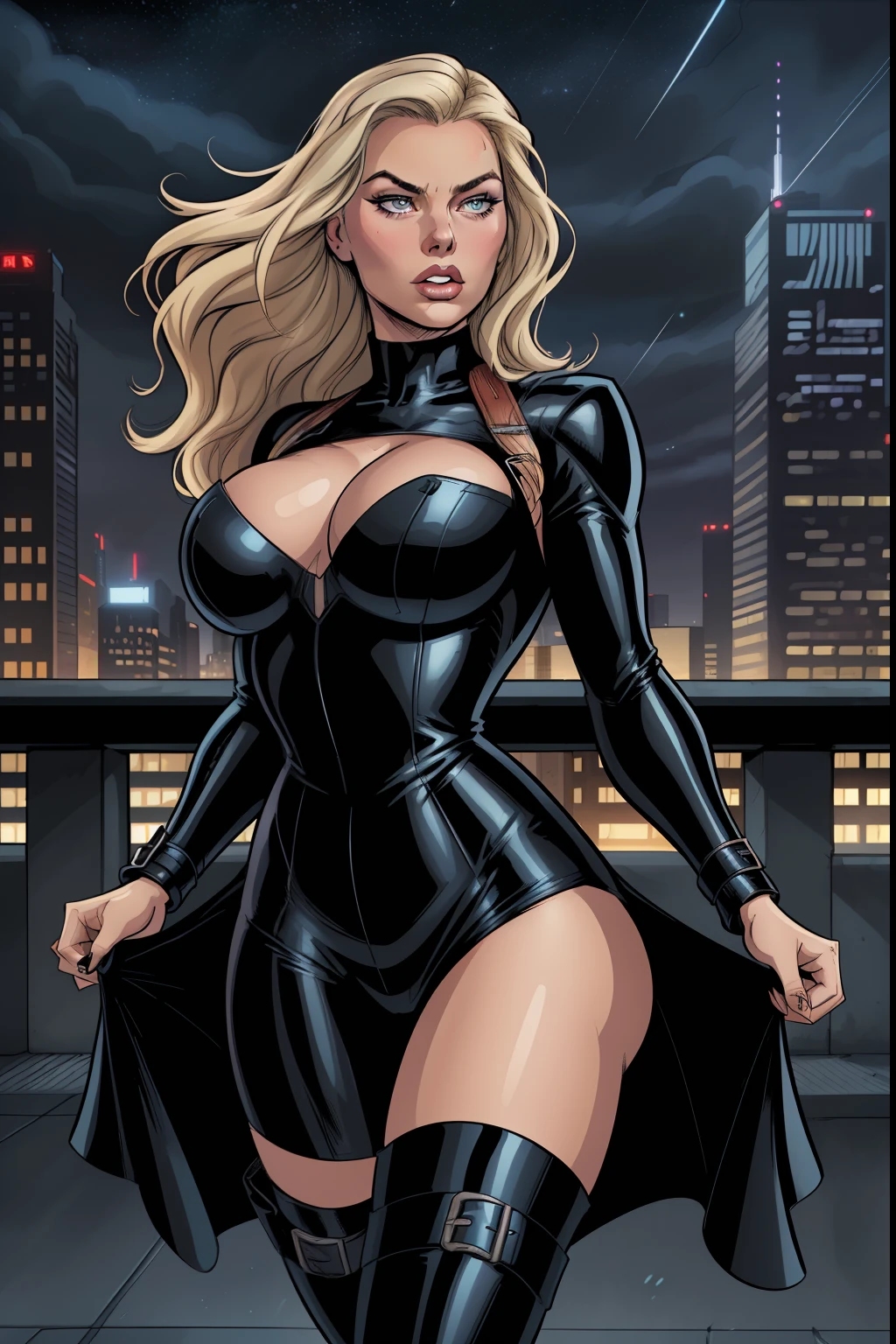 nsfw, painted, comic book style, lineart, full body view of a thin woman (30 years old), FACE OF MARGOT ROBBIE, with very long LIGHT BLONDE HAIR blowing in the wind, curved eyeshadows, furrowed brow, mouth open, with the skyscrapers of the city in the background a (night: 1.4), wearing a BLACK NECKLINE JUMPSUIT (long trench: 1.2), BLACK WIDOW MODEL,  boots with buckles on the sides, BIG breasts, BULKY breasts, realistic breasts, perfect hands, 5 fingers on each hand, detailed and very detailed face, detailed eyes, complex eyes, eyes with side reflection, full lips, makeup, inline eyeliner, (very detailed skin, skin details), spectacular lighting, night, sharp focus, 8k UHD, digital SLR, high quality, grainy film,  black linear graphics, lowangleview-3000, comics style