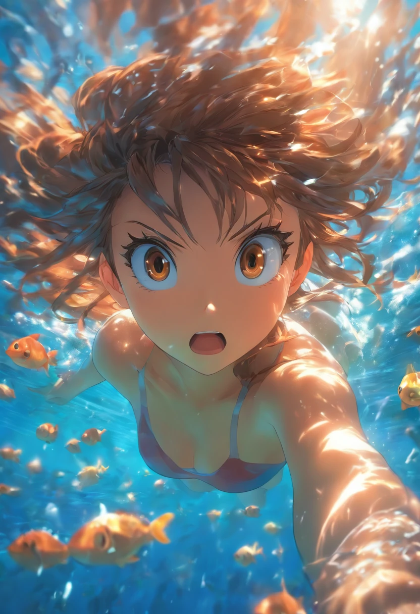 foreshortening, profundidade de campo, master part, best quality, 1girl, brown hair, olhos castanhos, cabelos longos, underwater, bolha de ar, sozinho, Olhando para o Viewer, naked,swimming, luz solar fraca,