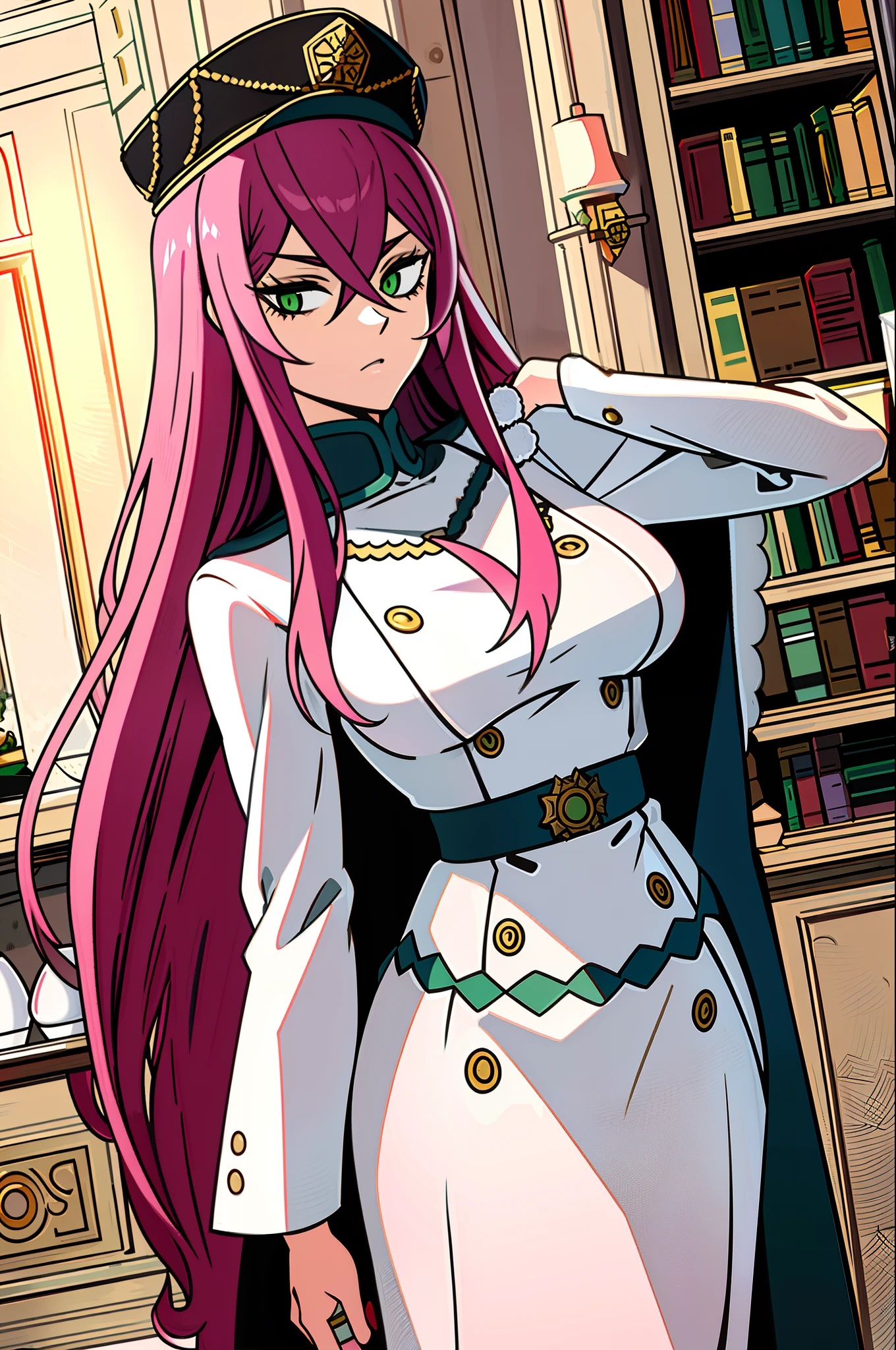 masterpiece, ((ultra detailed background, delicate pattern, intricate detail)), (highly detailed, fine details), best quality, ((medium breasts, slim girl)), Princia, 1girl, solo, long hair, military hat, cap, fur trim, military uniform, green eyes, ((pink hair)), peaked cap, (complex detailed background, complex detailed background, inside, castle room environment, medieval castle, gray walls, window, bookshelf),  ((cowboy shot)),