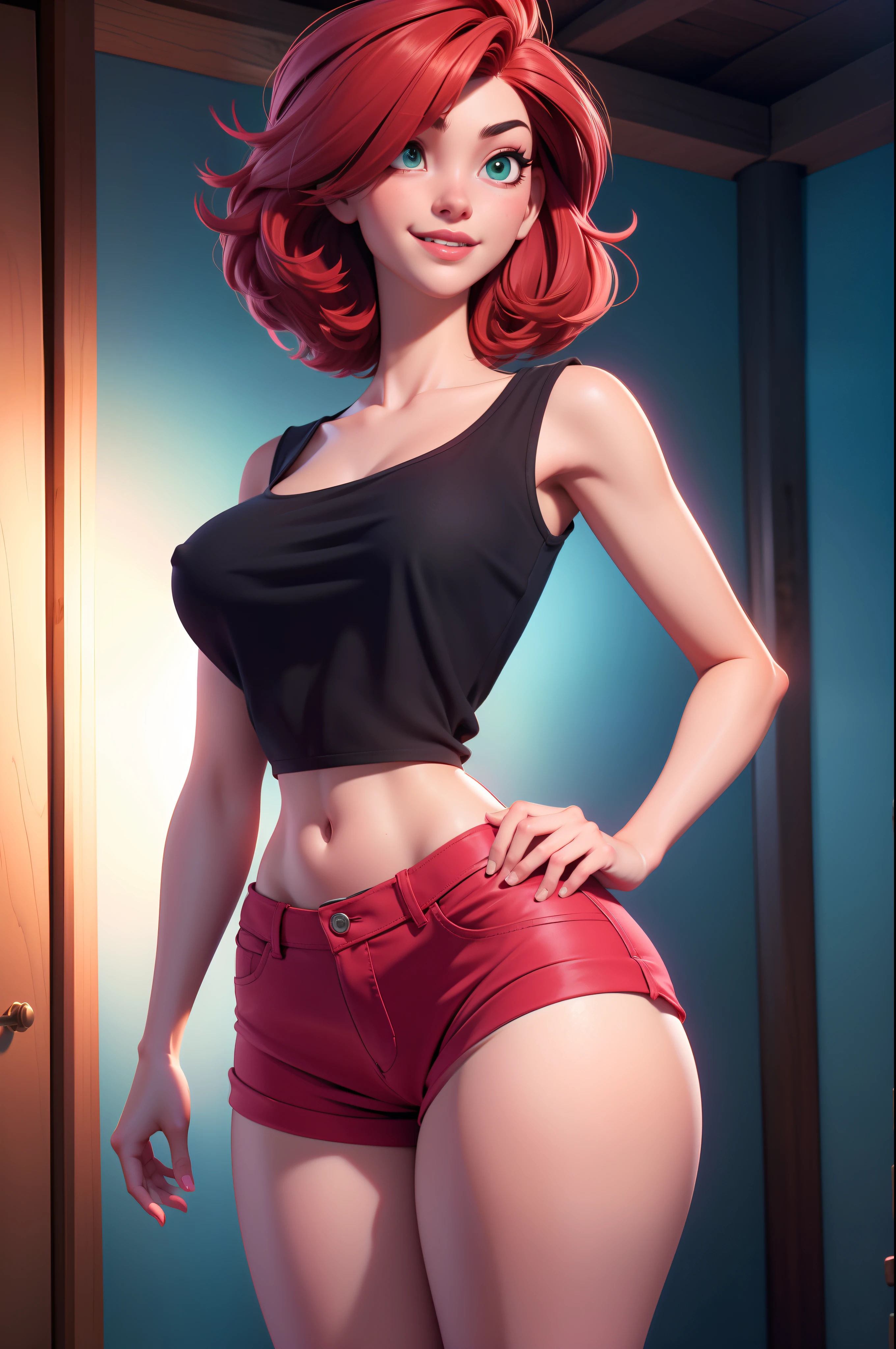 (a beautiful girl with elegant short red hair, with a short sleeveless blouse, and short black shorts), sorriso seductive, detailed hair with strands covering one eye, green eyes, short pink blouse, navel, slime-colored shorts, skinny, unreal engine 5:1.2, hyper details, hyper quality, hires, professional shaders, 16k, front view:1.3,
