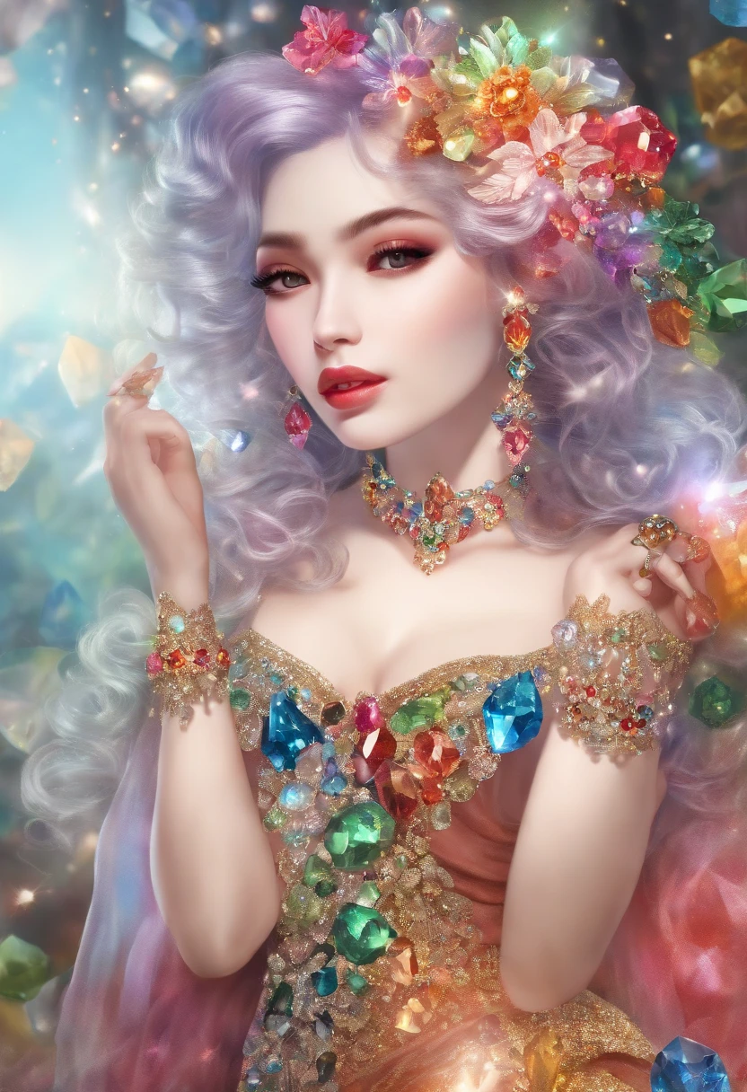 (Masterpiece), (Best quality), Extremely detailed, illustration,  ((1girll)), (colorful crystals:1.5),(Wear crystal shoes:1.5),(colorfulhair:1.2),(Colorful dresses),High chiaroscuro,(full bodyesbian:1.5)
