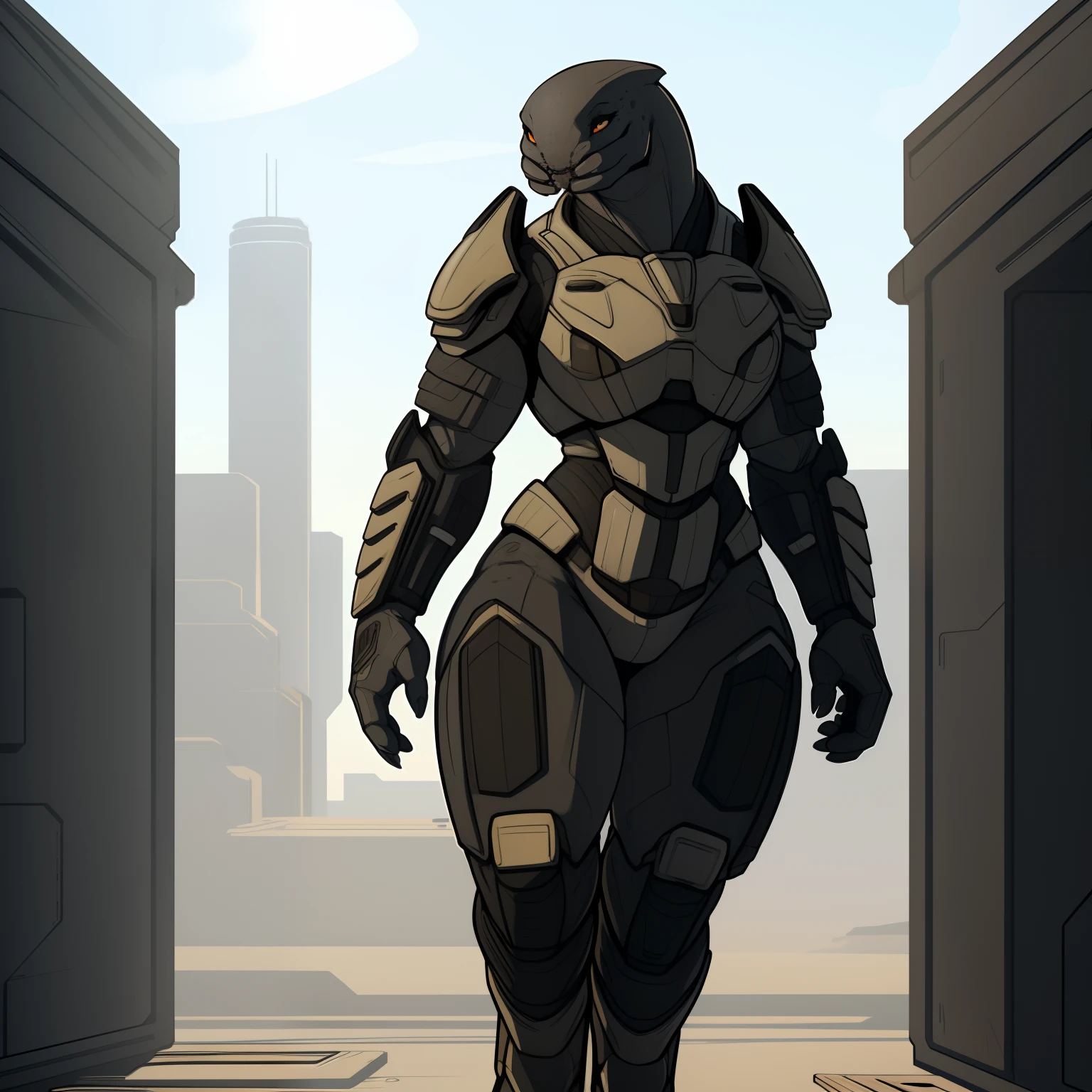 Tall_Muscular_mature_sangheili female dark_gray_scaled_body solo heavy_power_armor Masterpiece best_quality absurdres highly_detailed cleanly_drawn_eyes anthro_only by_claweddrip, by_greasymojo, by_underscore-b, by_runawaystride